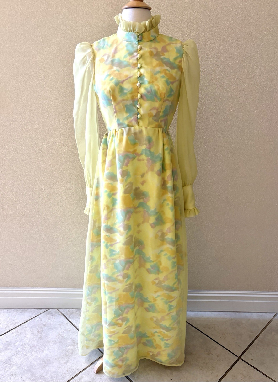 70s Vintage Organza Gown Maxi Dress Yellow Cottagecore Prairie High Collar Small