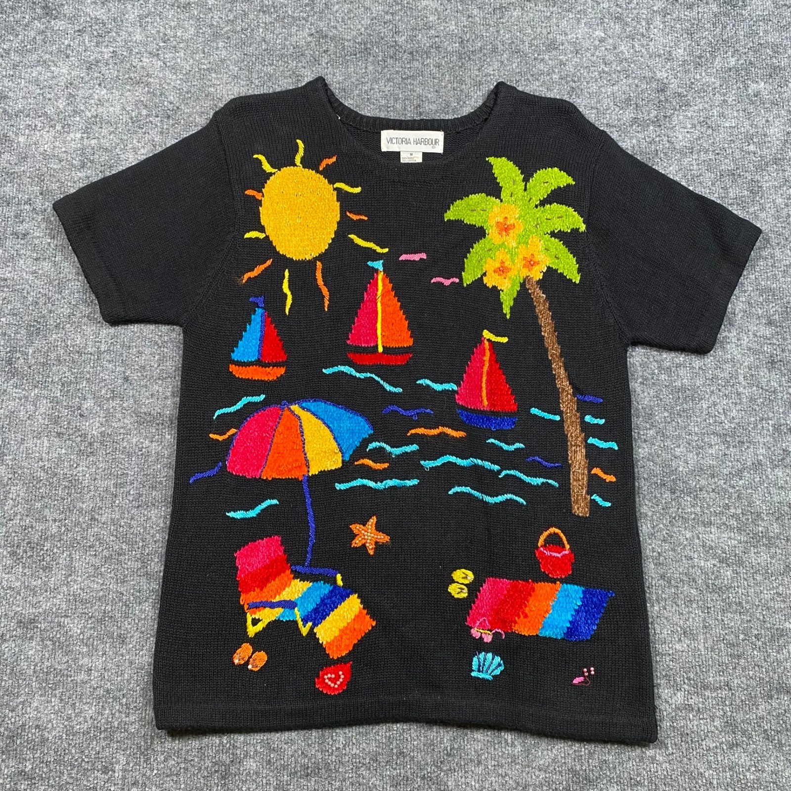 Victoria Harbour Vintage Black Tropical Beach Knit Sweater Short Sleeve Beaded M