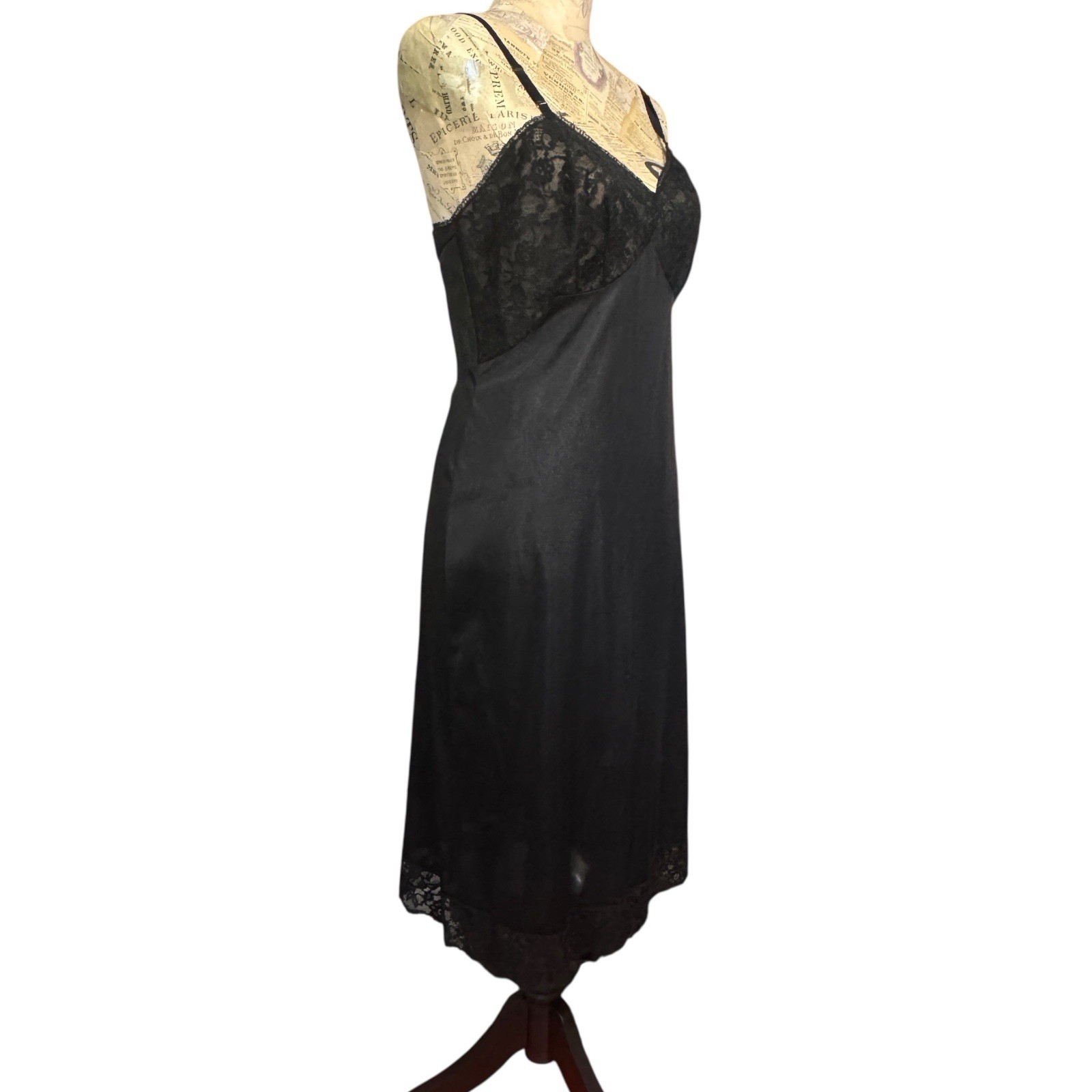 VTG 1960s Vanity Fair Slip Womens 34T Black Nylon Lace Lingerie Sissy Boudoir