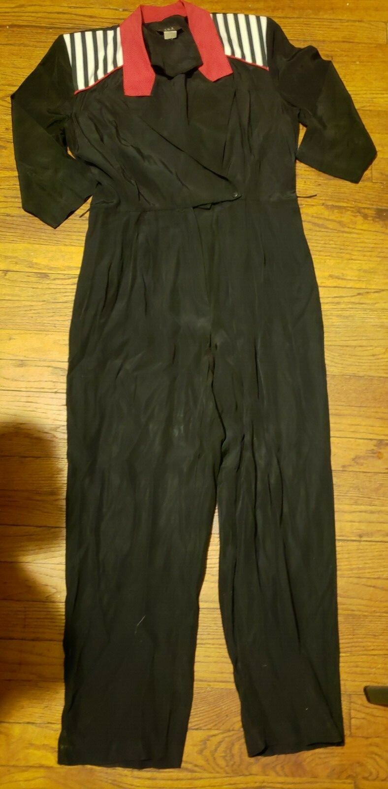 Vtg 80s 90s JSJ shoulder pad stiped Black petites Jumpsuit Party Pleats