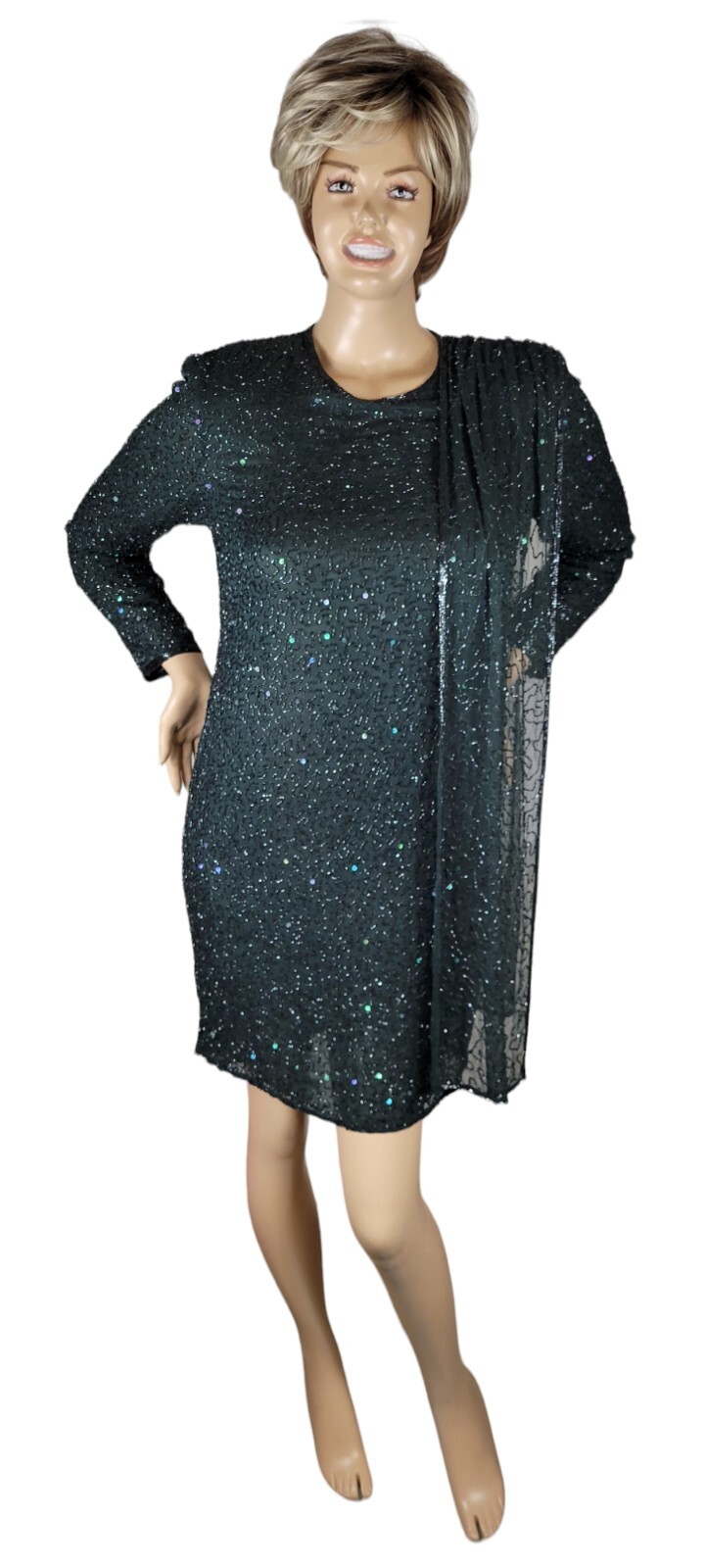 Vintage Judith Ann Creations Hunter Green Beaded Sequin Cocktail Evening Dress L
