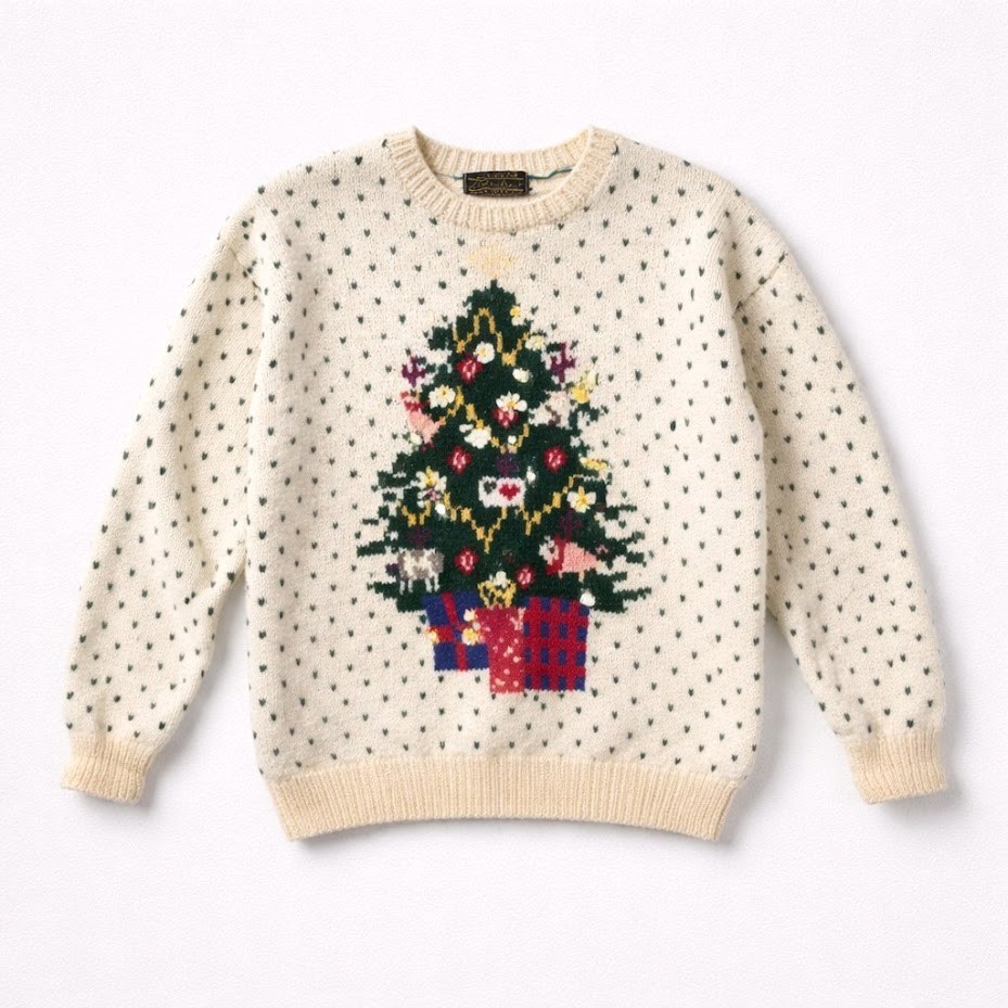 Vintage 1989 Eddie Bauer Christmas Tree Wool Sweater Farm Animal LARGE Holiday