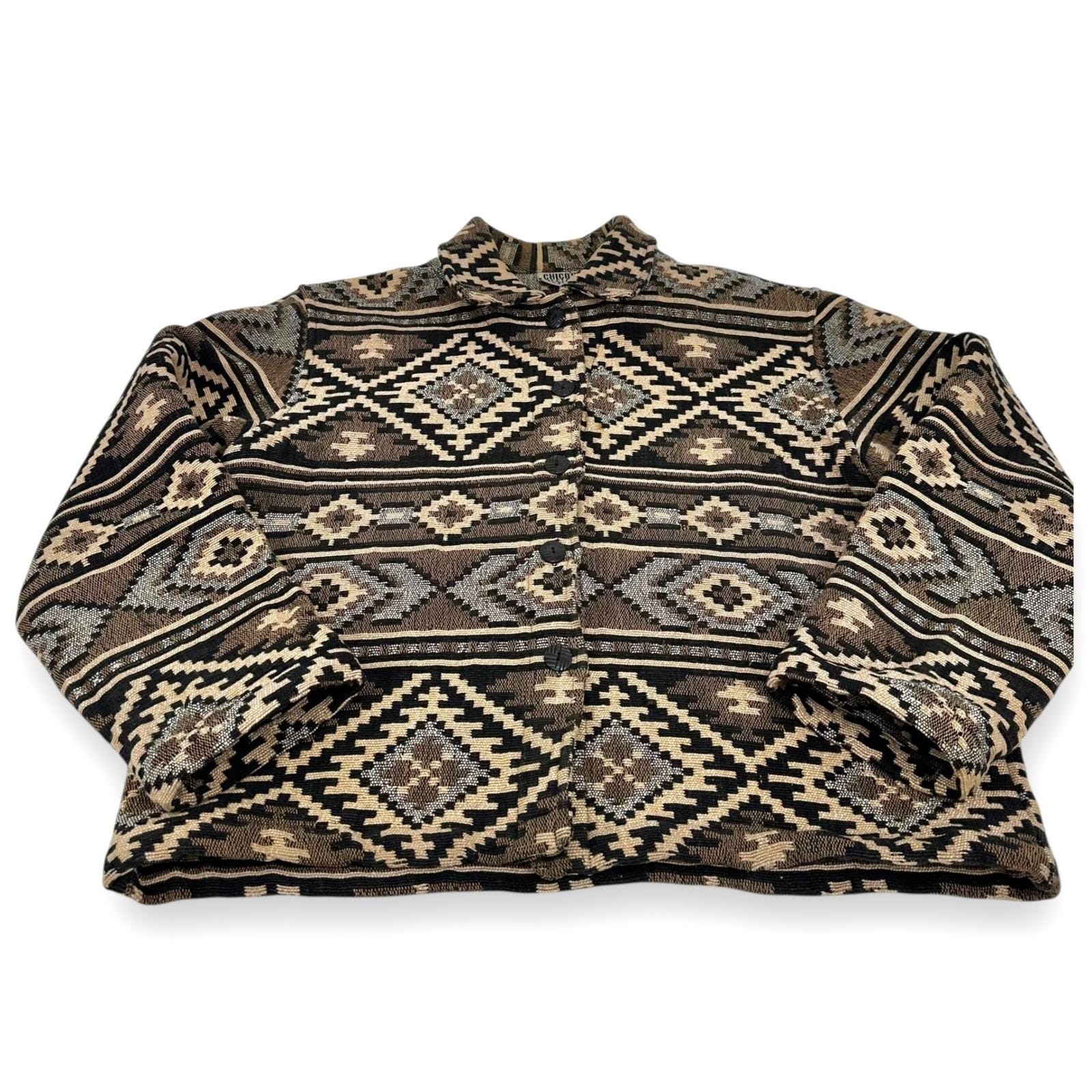 Vtg 90s Chico’s Design Jacket Sz 2 (L/XL) Cotton Tapestry Southwestern Geometric