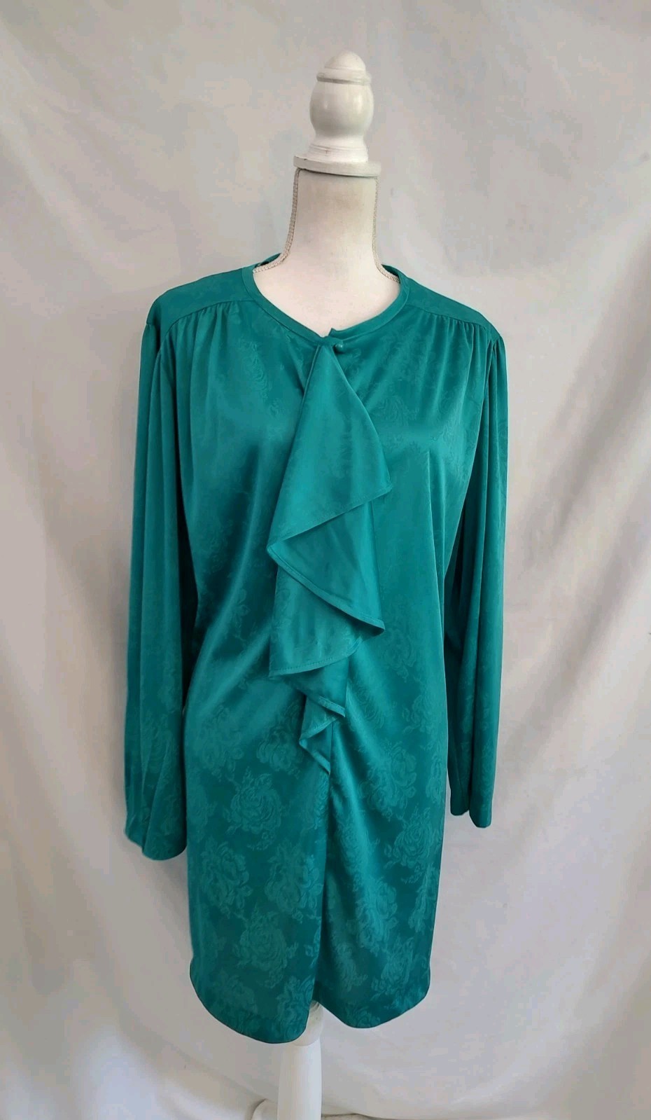 80’s Vintage Dress HHR Jade Green Shirt Dress Ruffle Poet Neck Long Sleeve Sz XL