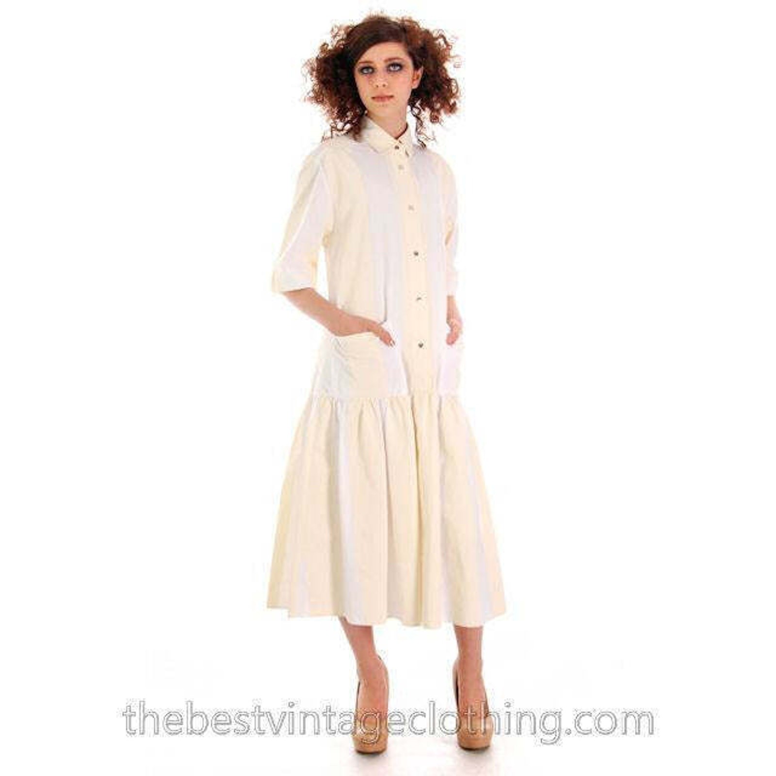 Vintage Vuokko Dress Mod Dropped Waist Yellow White Stripes Poppers Finnish S