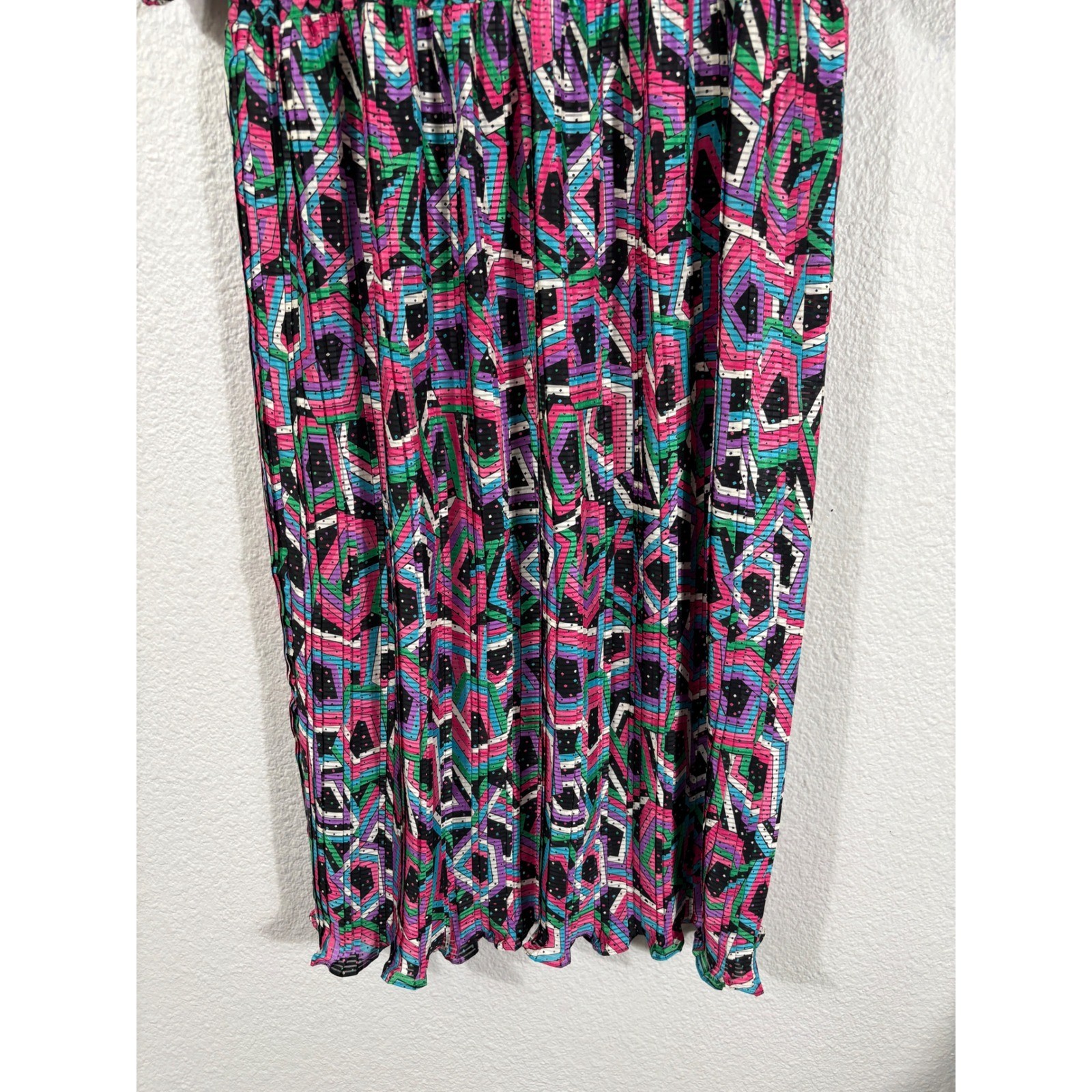 Mayeelok Midi Dress Womens Size Large Multicolor Vintage 80s Geometric Pleated