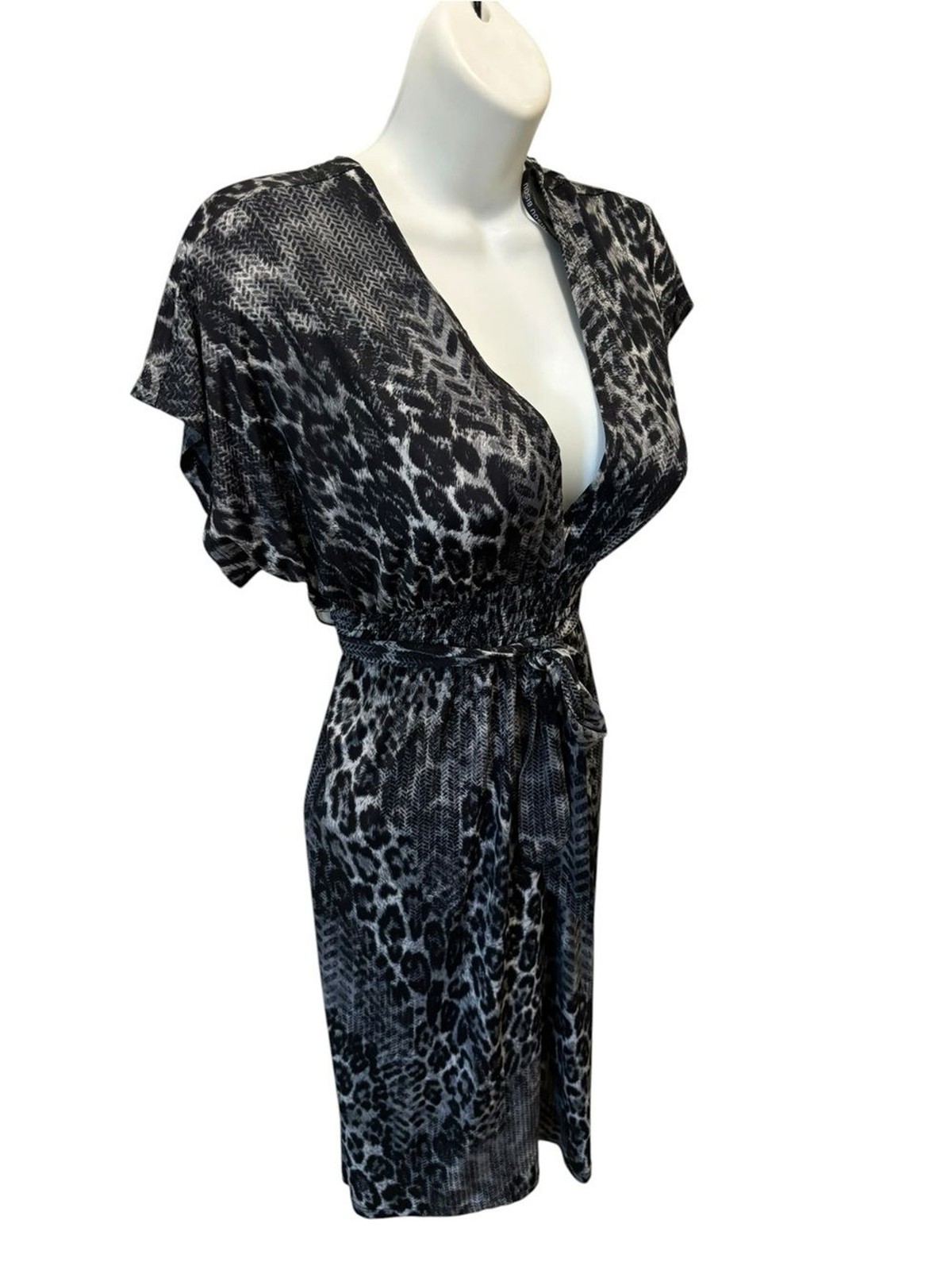 VTG Bisou Bisou Animal Print Empire Tied Waist Dress Sz 8 Gray Black Mob Wife