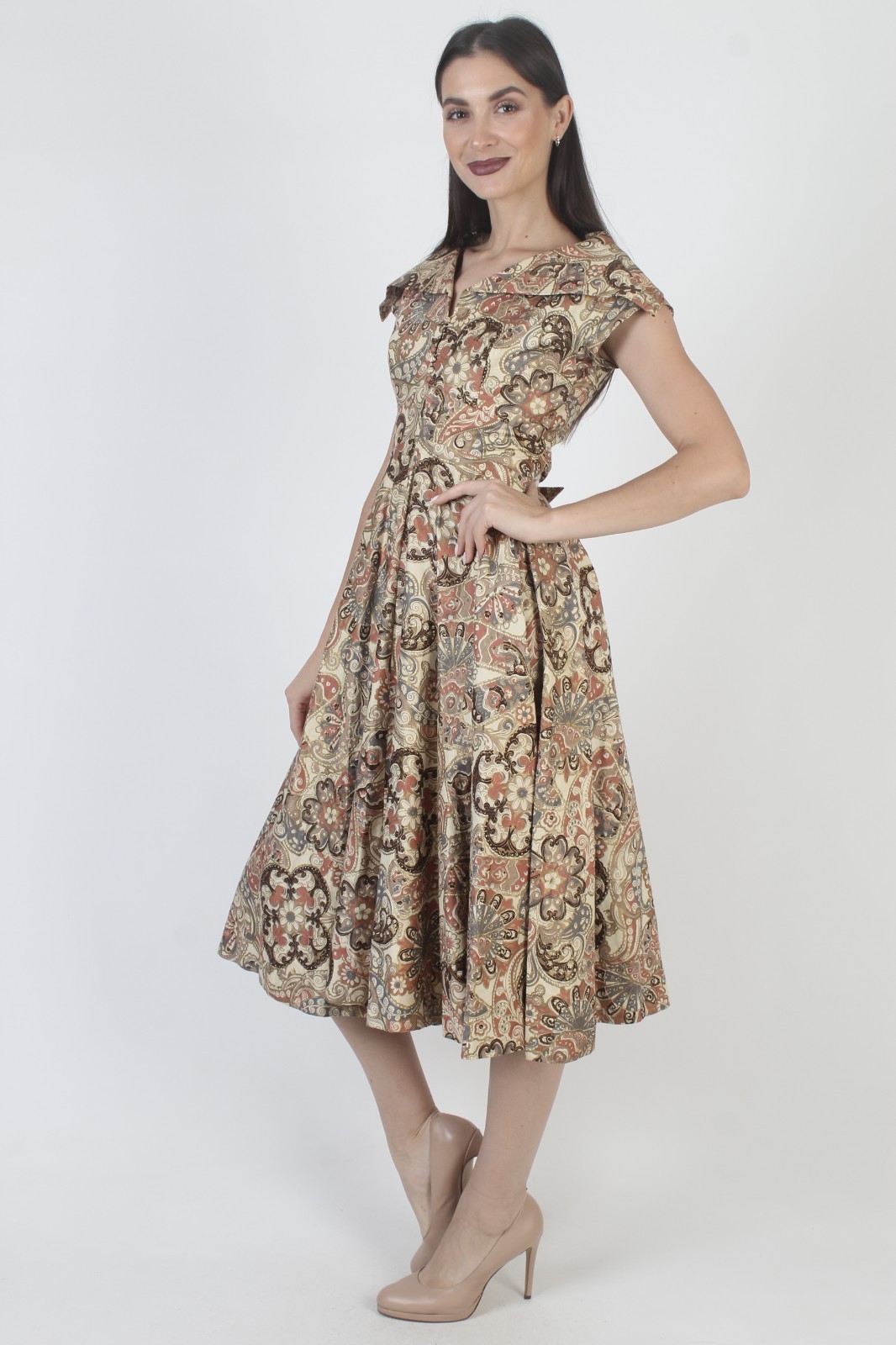 Vtg 50s Paisley Rockabilly Dress Full Circle Skirt Pin Up Atomic Bombshell Midi