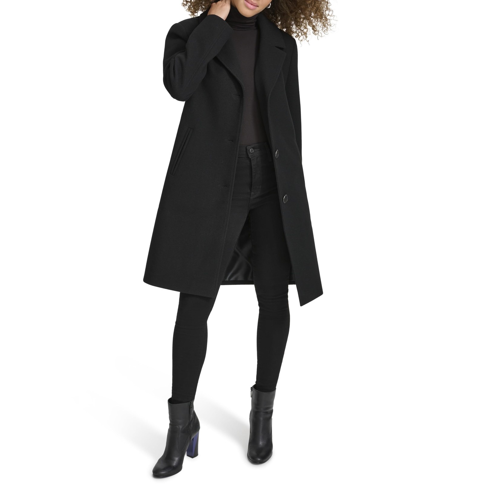 Kenneth Cole Women’s Notch Collar Fly Front Single Breasted Topcoat Large Black