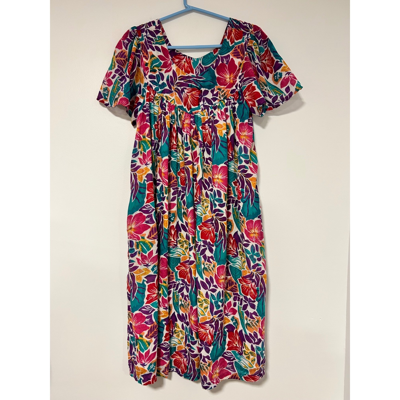 Sita Vintage Hawaiian Floral Cotton Muumuu Dress Womens Small Pink Teal Tropical