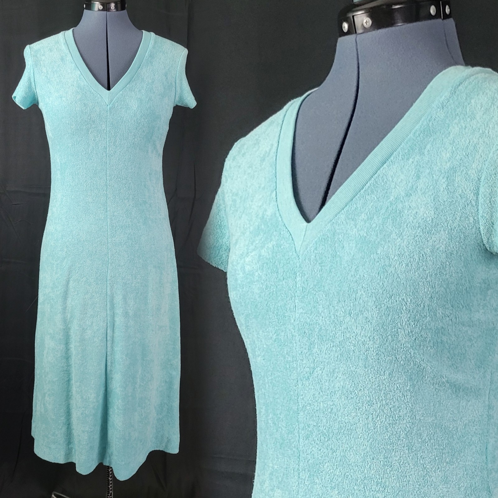 Vintage Turquoise Blue Terry Cloth S/S Dress/Cover-Up w V-Neck Size 32 (XS)