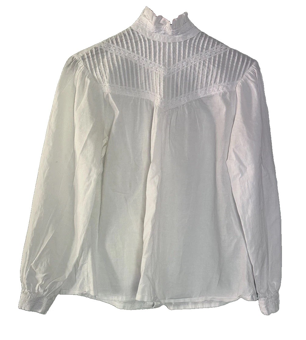 Vintage 80s Laura Ashley White Ruffle Blouse Womens Sz 10 Crochet Lace High Neck