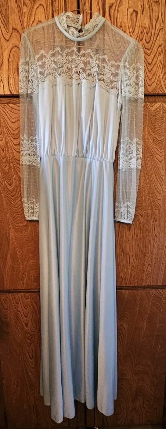 J.C. Penney Vintage Maxi Blue Romantic Lace Old Fashioned Boho Prom Dress S/M
