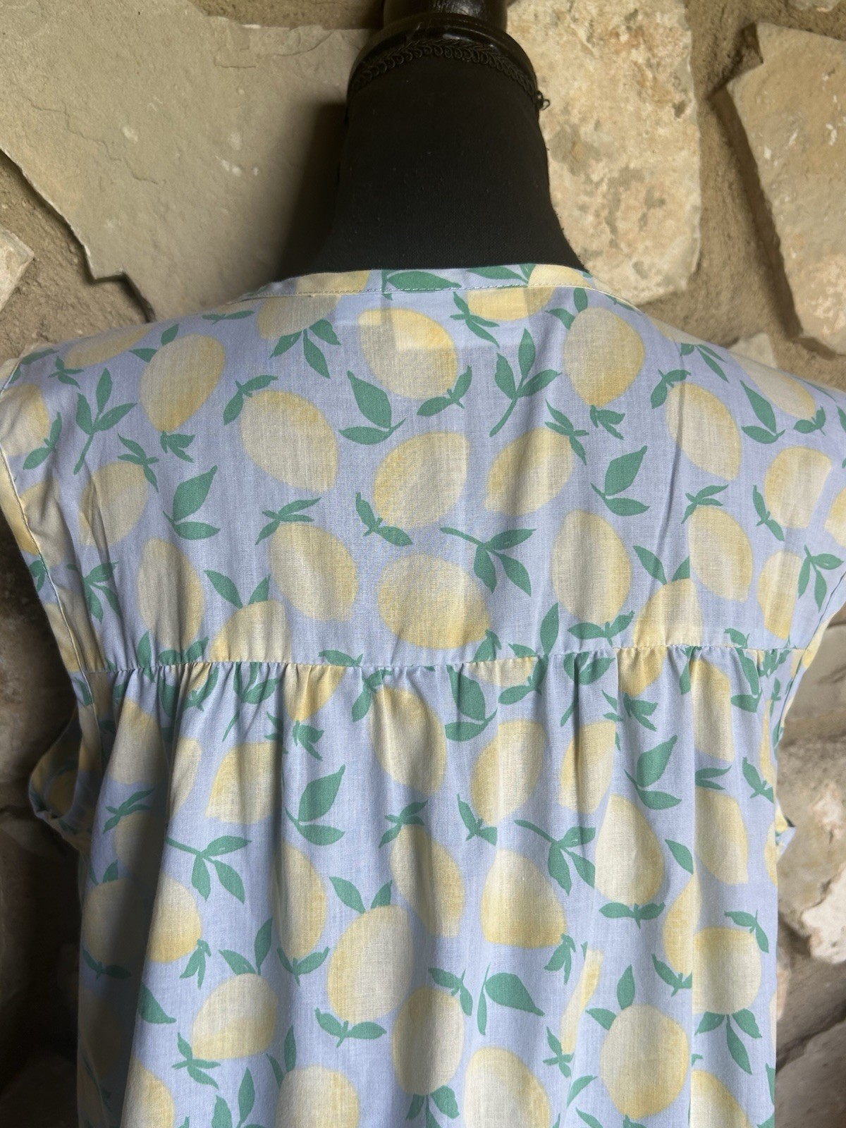 Vintage NATIONAL House Dress Robe Duster Large Blue Yellow Lemon Print EC