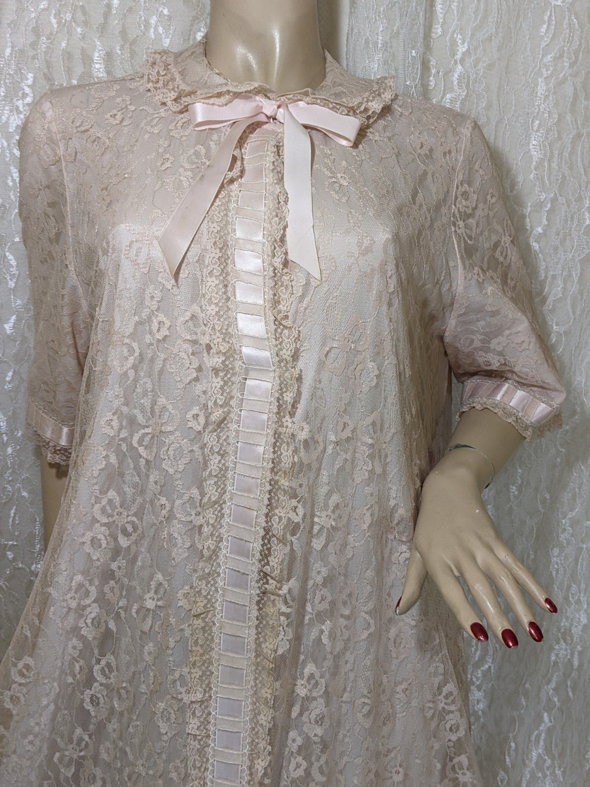 VTG Odette Barsa Lace Overlay Pocket Pink Peter Pan Collar Dressing Gown Robe L