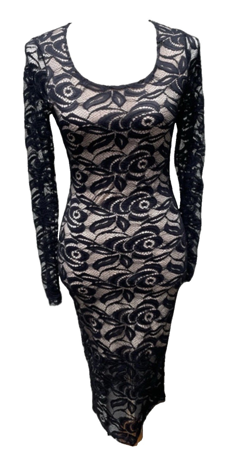 VNTG Black Floral Lace Body-con Dress~Nude Underlay~Long Sleeves Size M ~USA