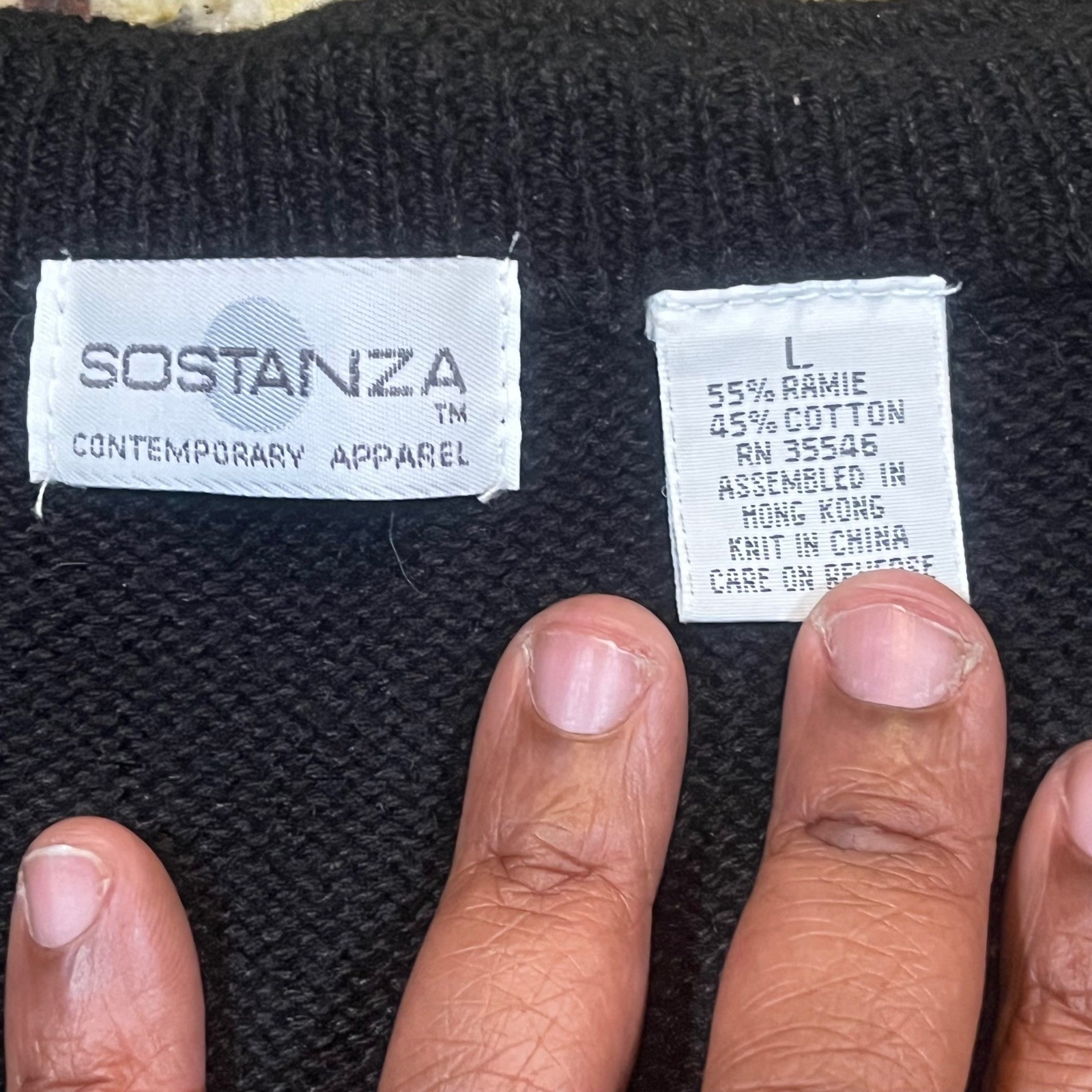 Vintage Sostanza Floral Embroidered Knit Sweater Vest Black Cotton Ramie Large