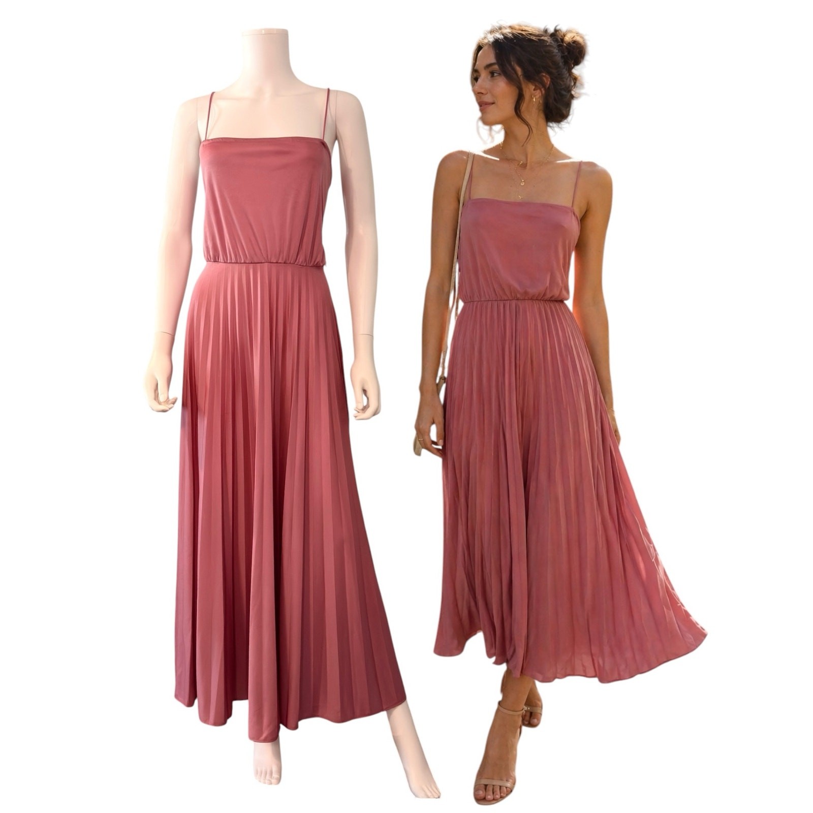Vtg 80s Mauve Pink Pleated Midi Dress Spaghetti Strap Romantic Grecian Size 6