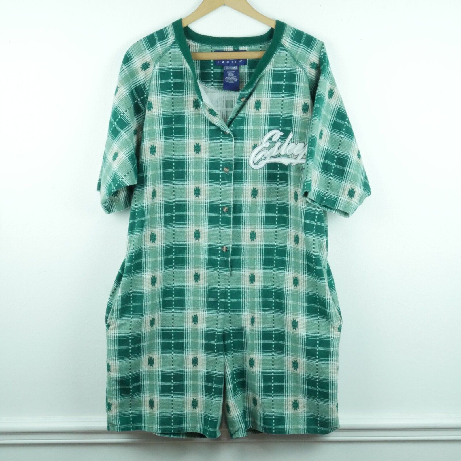 Vintage Women’s Large Pajamas One Piece Green Plaid Flannel 90s Grunge Cabincore