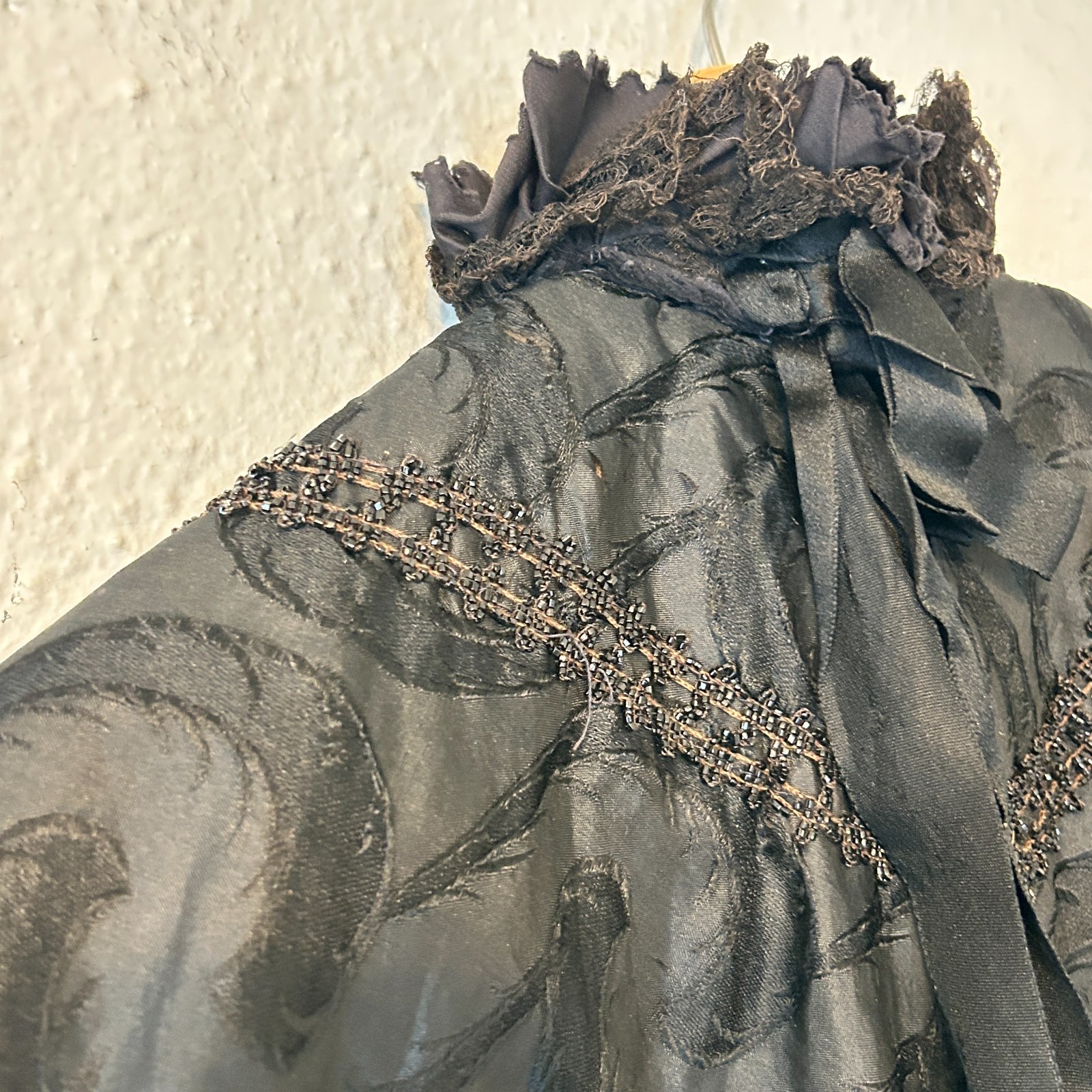 Antique Victorian Black Silk Lace Beaded Evening Cape Capelet Mourning 1800s