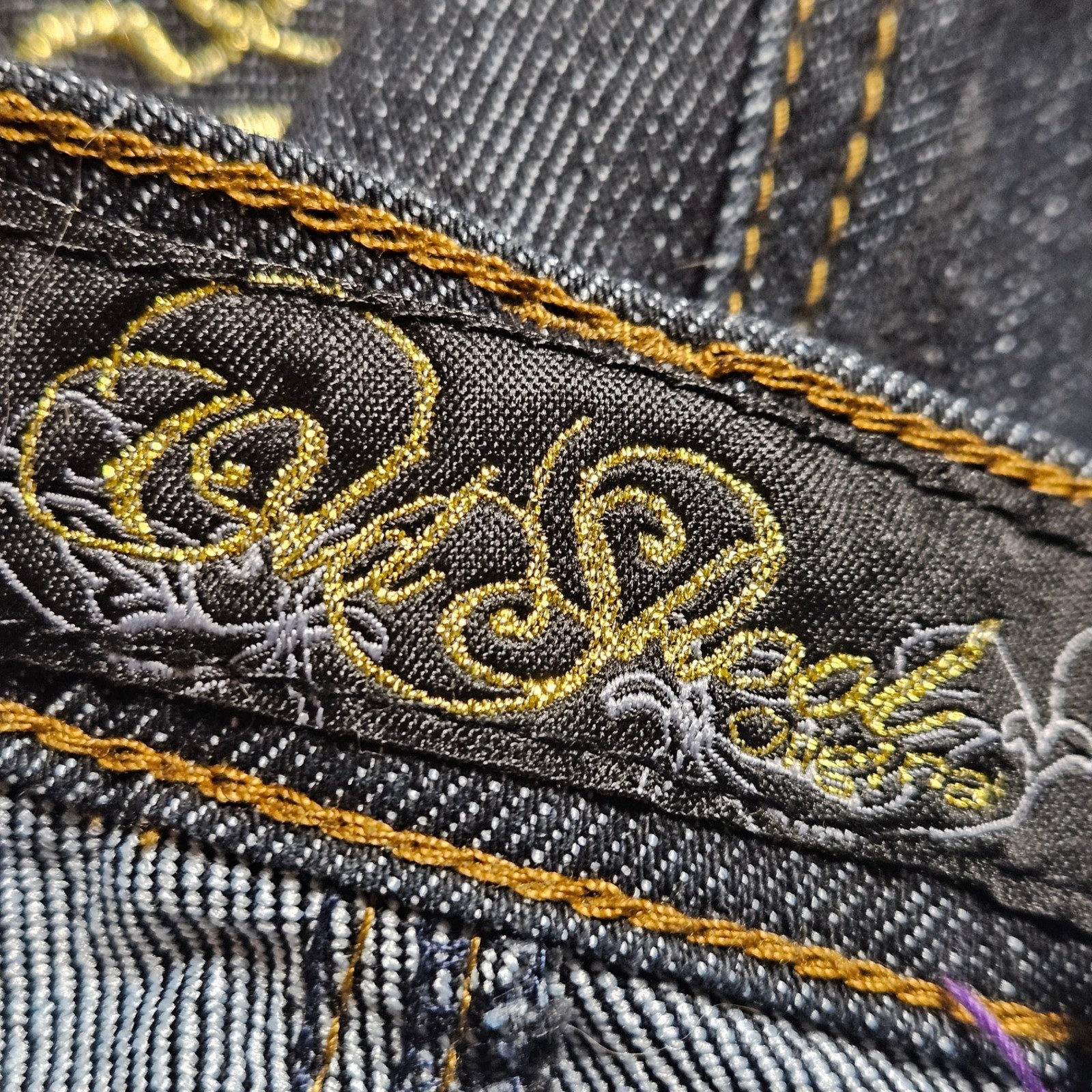 VTG Old Skool Gold Embroidered Studded Straight Jeans 15 Rocker Affliction Y2K