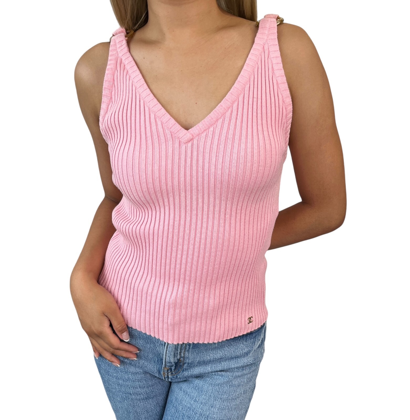CHANEL Vintage 01C CC Logo Rib Knit Tank Top #38 Pink Gold Ring Cotton Rank AB
