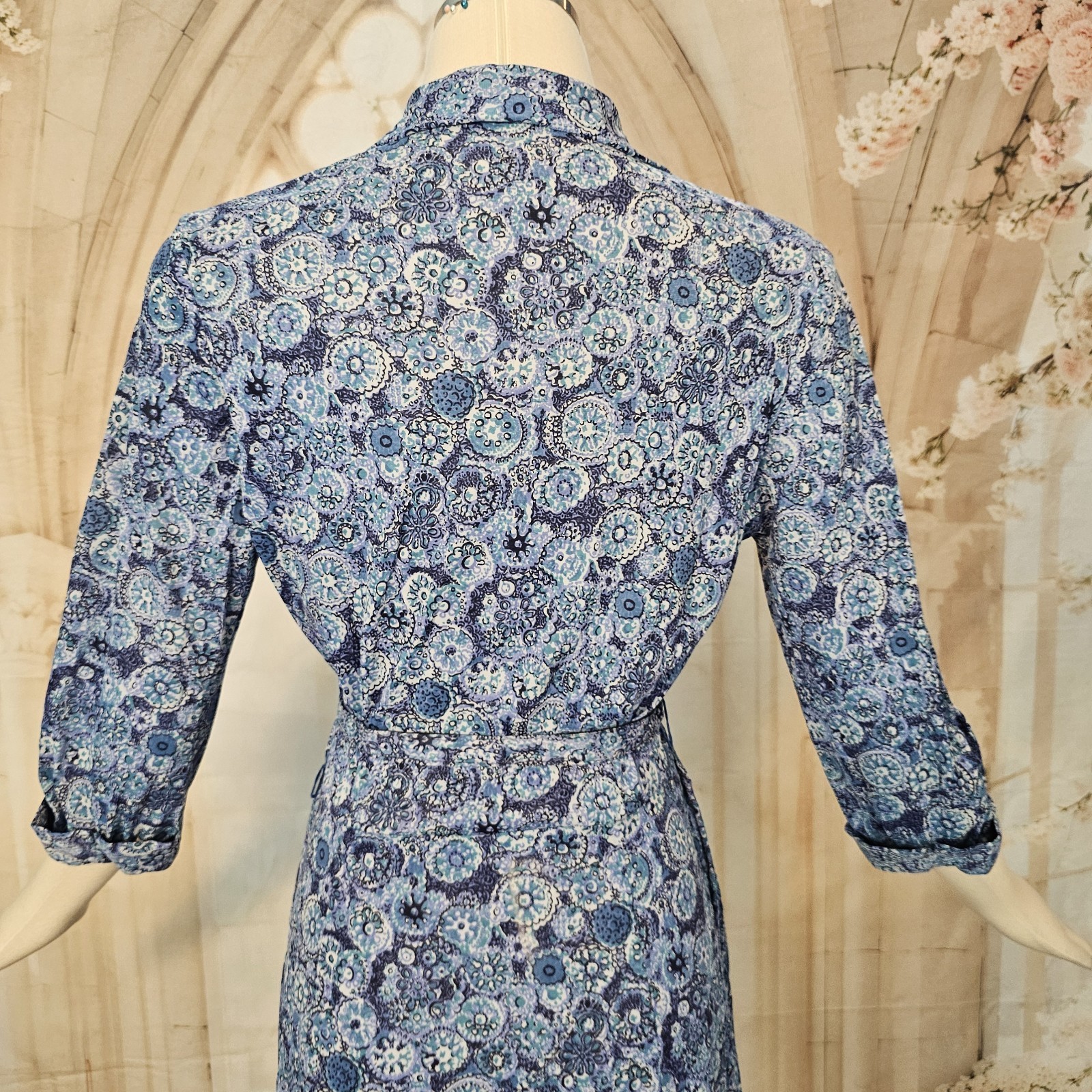 Vintage 1960’s Dress Button Up Blue White Floral 3/4 Length Sleeve Collar Pinup
