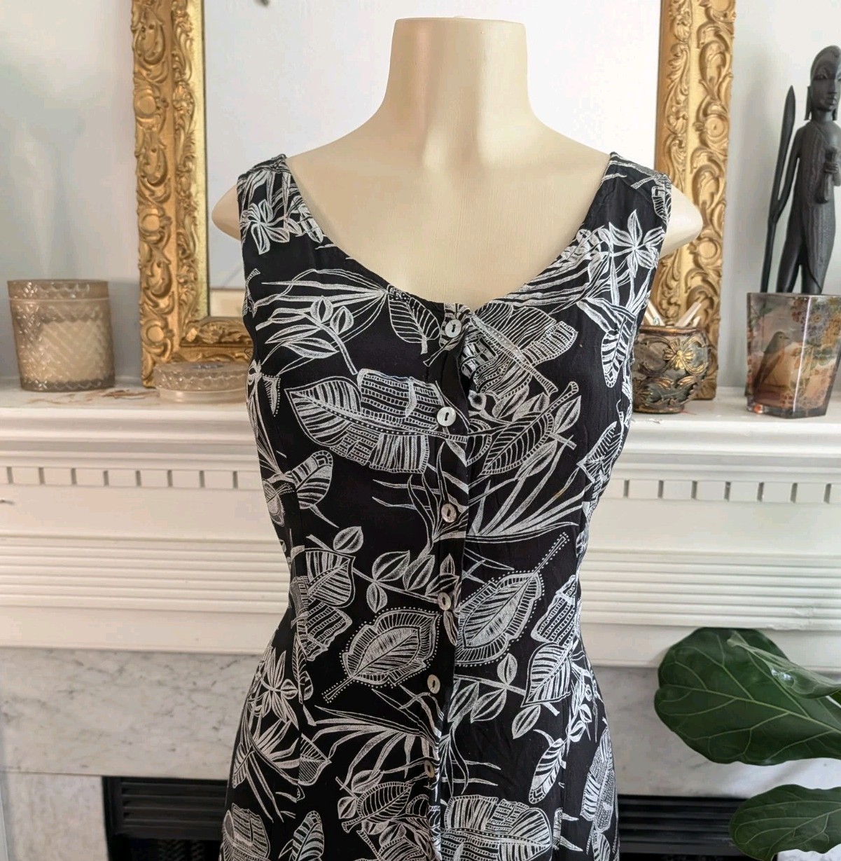 Vintage 90s Black Gray Graphic Shirtdress Size 8 Y2K Retro Tank Leaf Print