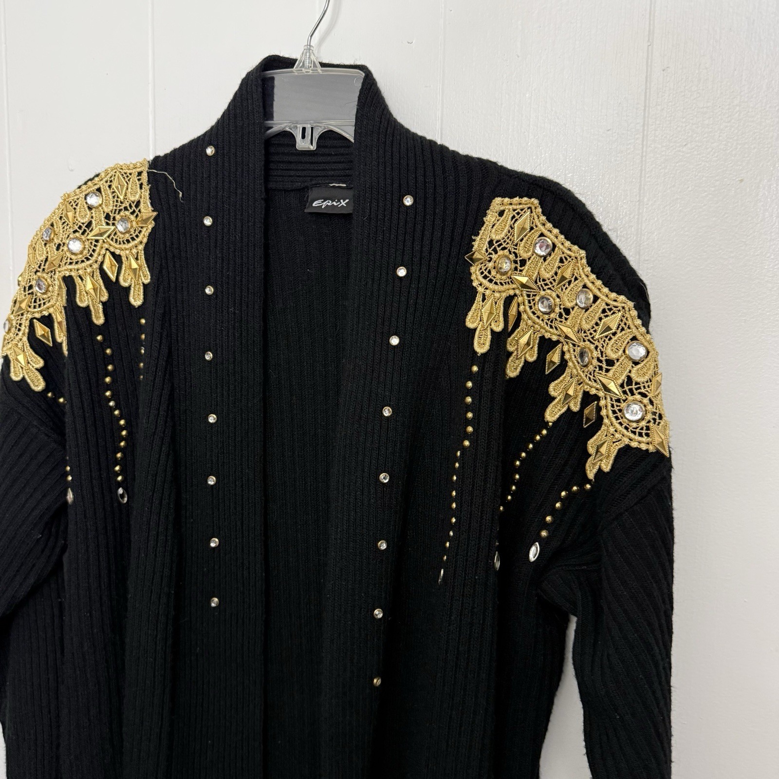 Vintage 90s Epix Black Gold Embellished Duster Cardigan Y2K Glam 1X 2X 3X