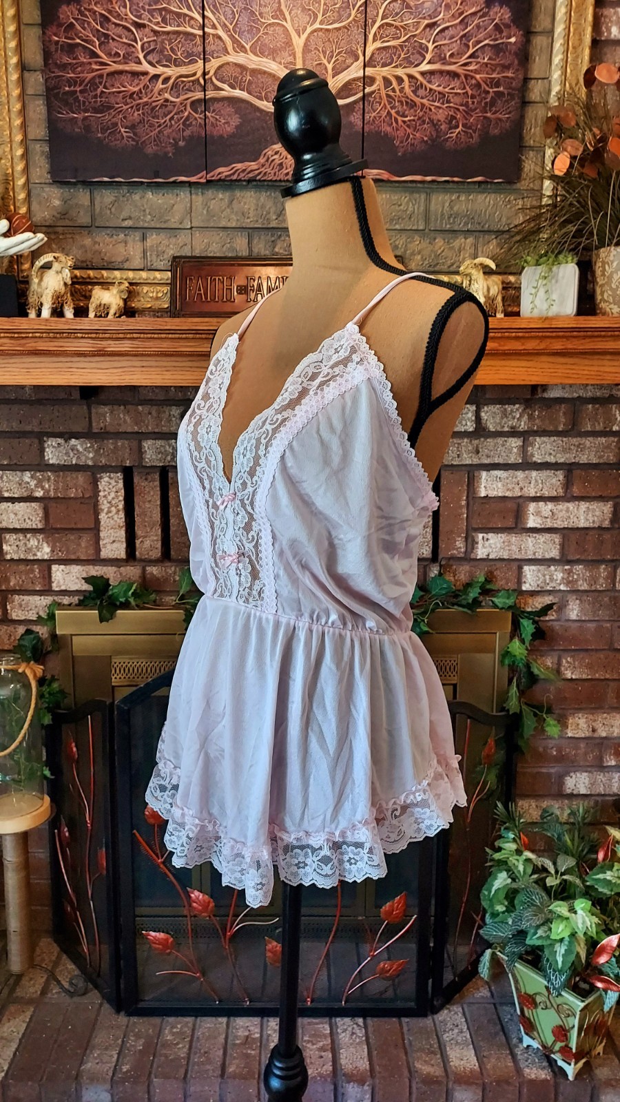 Vintage Featherbed Intimate Pink Lace Peignoir Lingerie Set Size Large