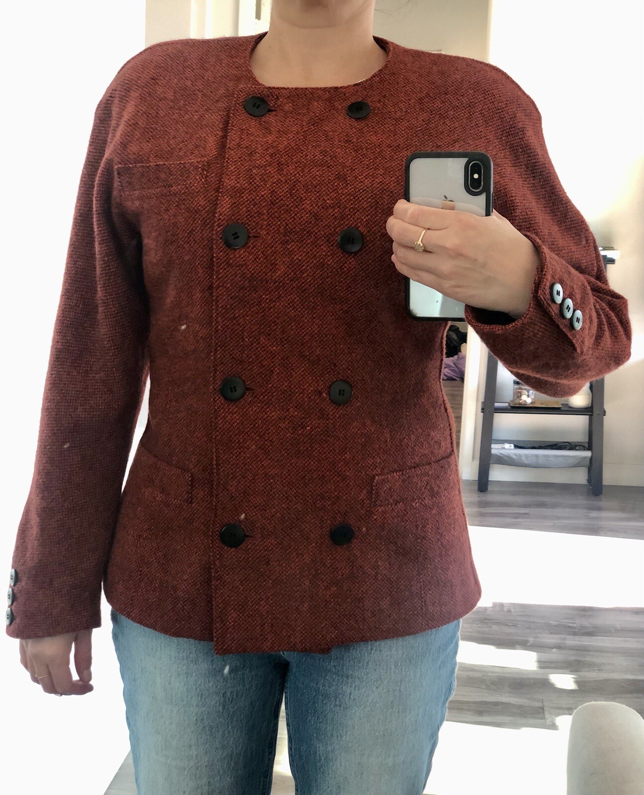Vintage Red Black Tweed Jacket Blazer Cardigan Double Breasted by Escada 34 XS