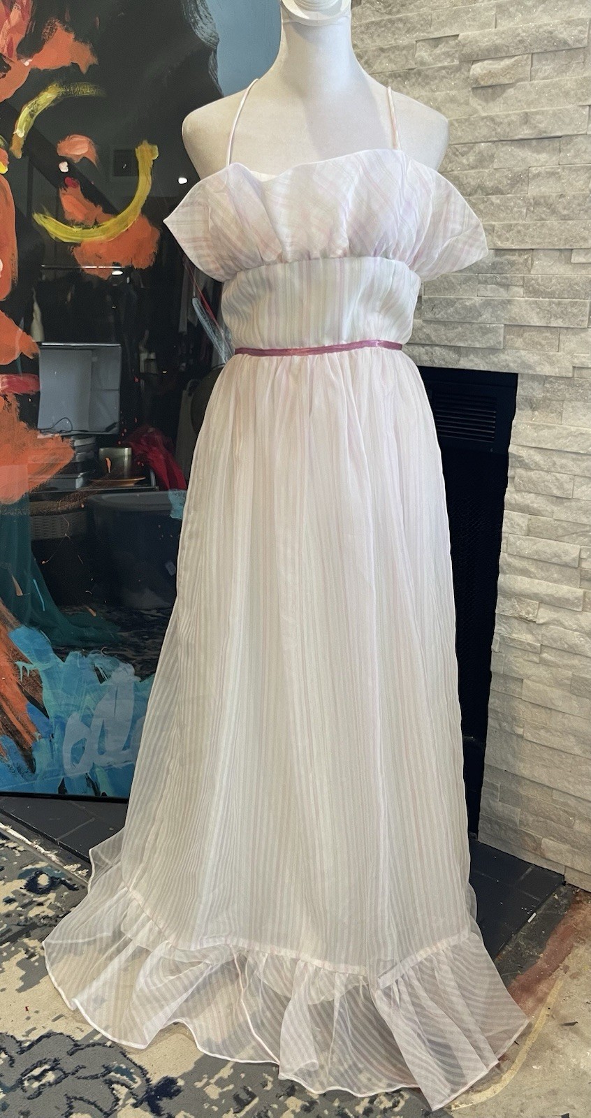 Vintage 1980s Pastel Stripe Prom Gown Open Shoulders