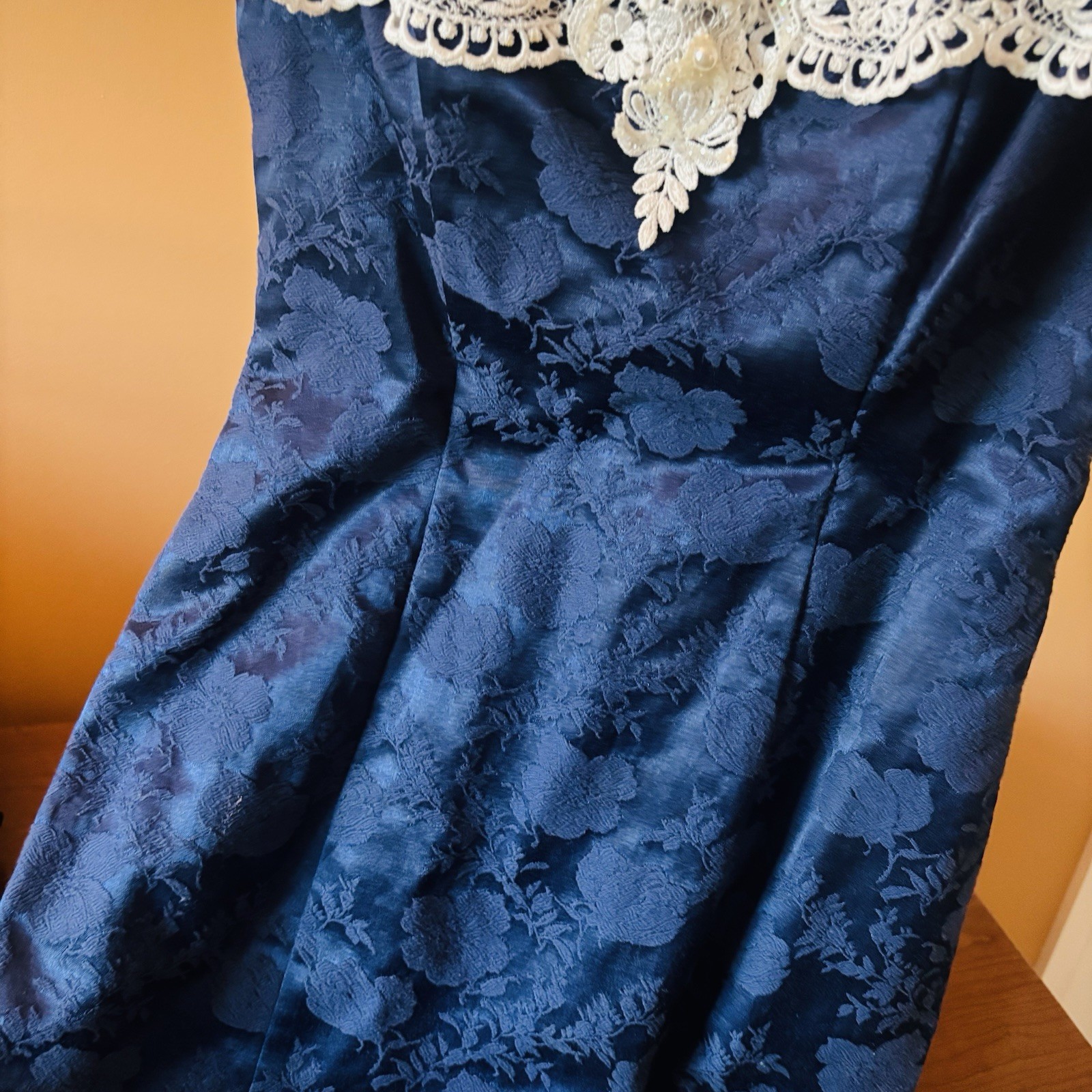 Vintage Blue Navy 80s 90s Floral Lace Off Shoulder Short Dress Sz 3 Timeless