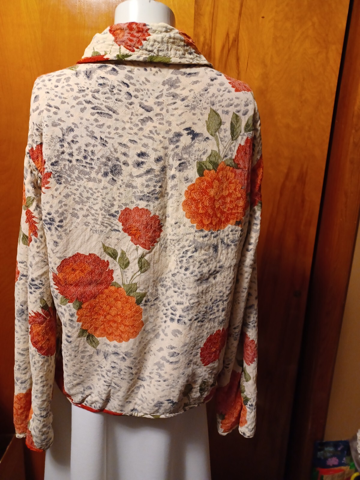 Vtg Paula Sweet Reversible Burnt Orange Gray Floral Fringe Cardigan S/M