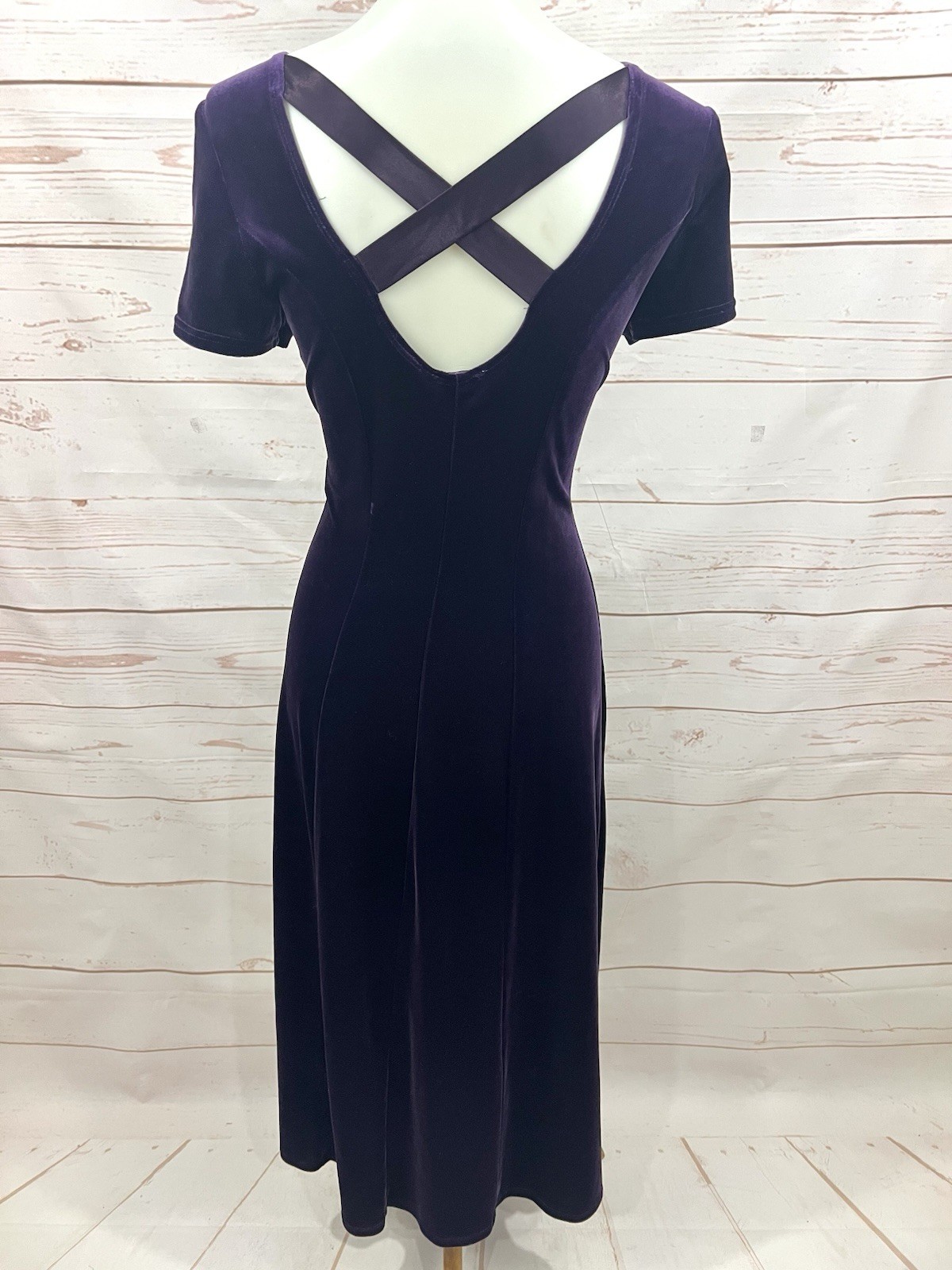 Vintage 90’s Purple Velvet Crossback Short Cap Sleeve Ruffle Neck Maxi Dress 8 M