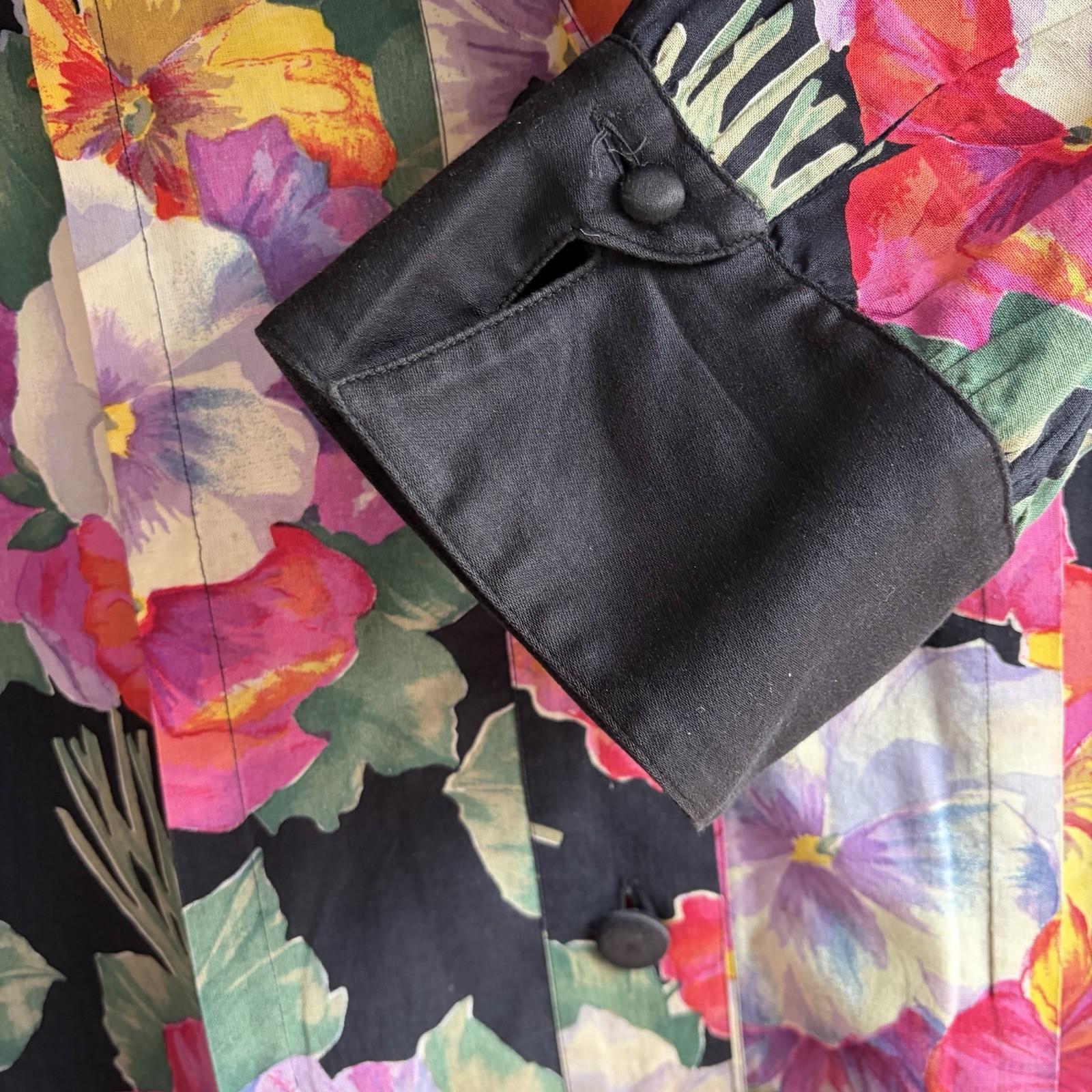 Angela Caputi Vintage Floral Shirt Dress Black Cotton Made in Italy L