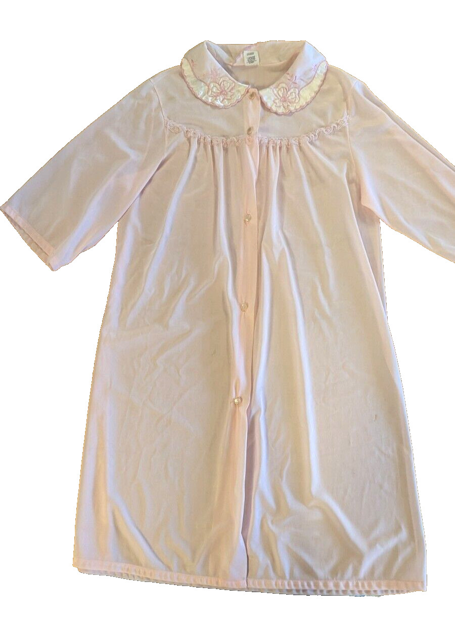 Vintage Deena of California M Peignoir Robe pink nylon Embroidered collar button