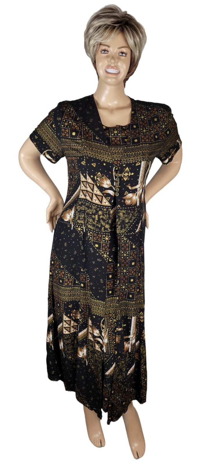 Vintage 90s Betsy Lauren Black Floral Tribal Cottagecore Grunge Maxi Dress 14