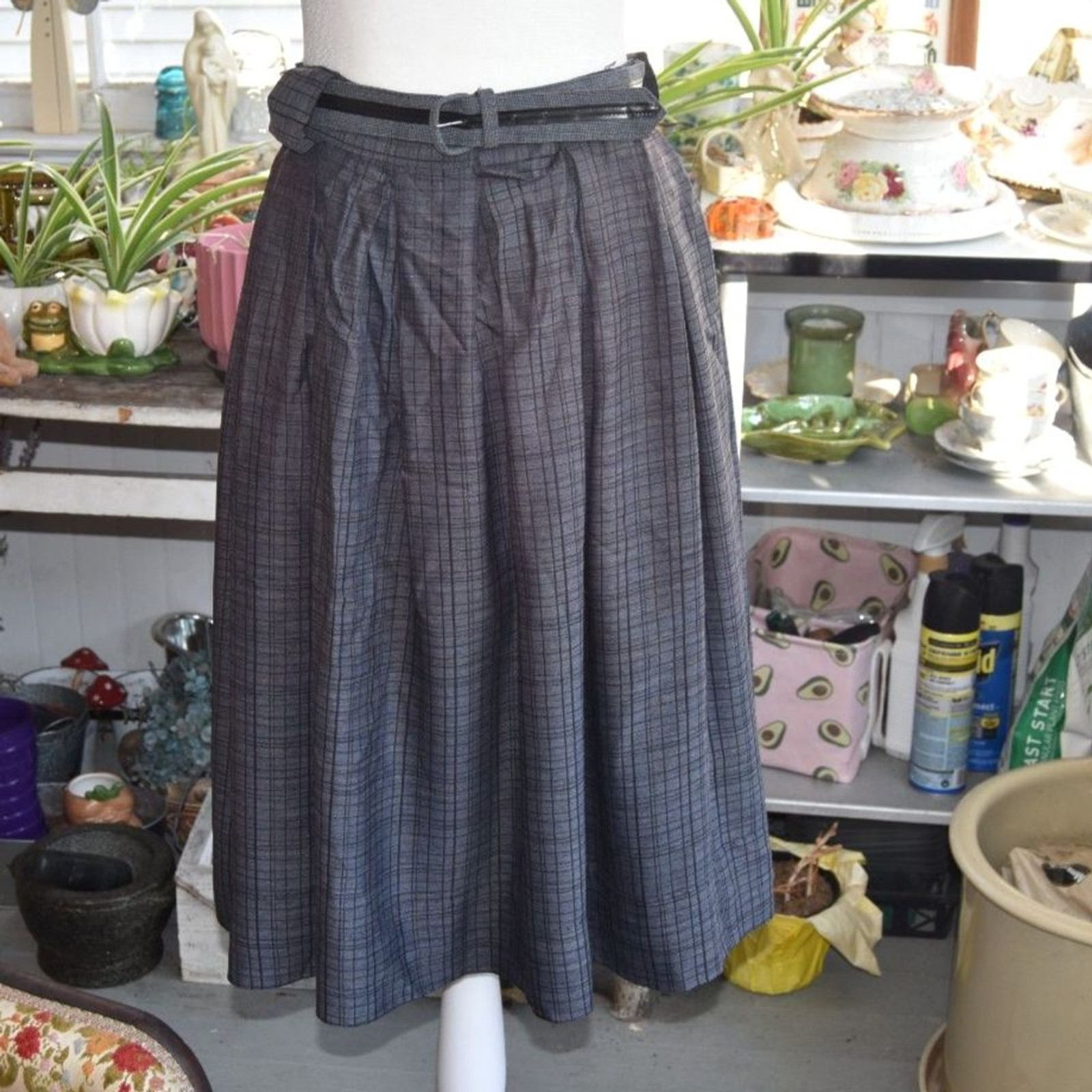 Vintage 1950s Plaid Full Skirt Pleated Belted Metal Talon Zipper Waist 28 Small