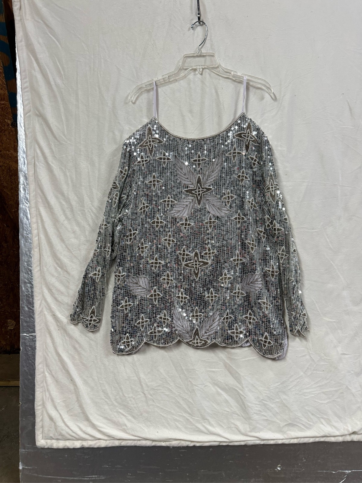 Silk Beaded Sequin Blouse Scalloped Hem Silver Black Long Sleeve Formal