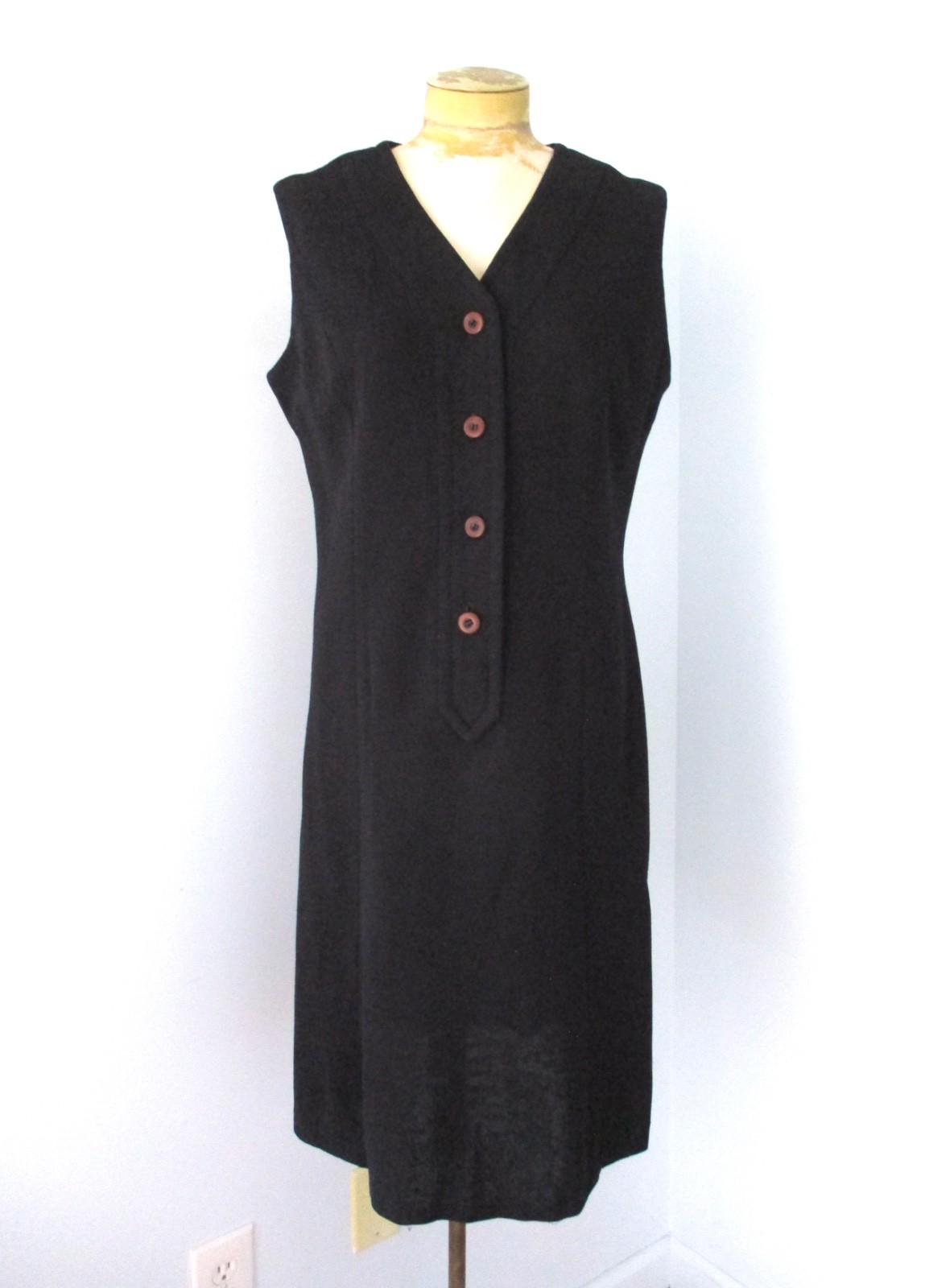 Vtg 60s 70s Joyce Black Wool Knit V-Neck Sleeveless Sheath Tunic Dress M/L