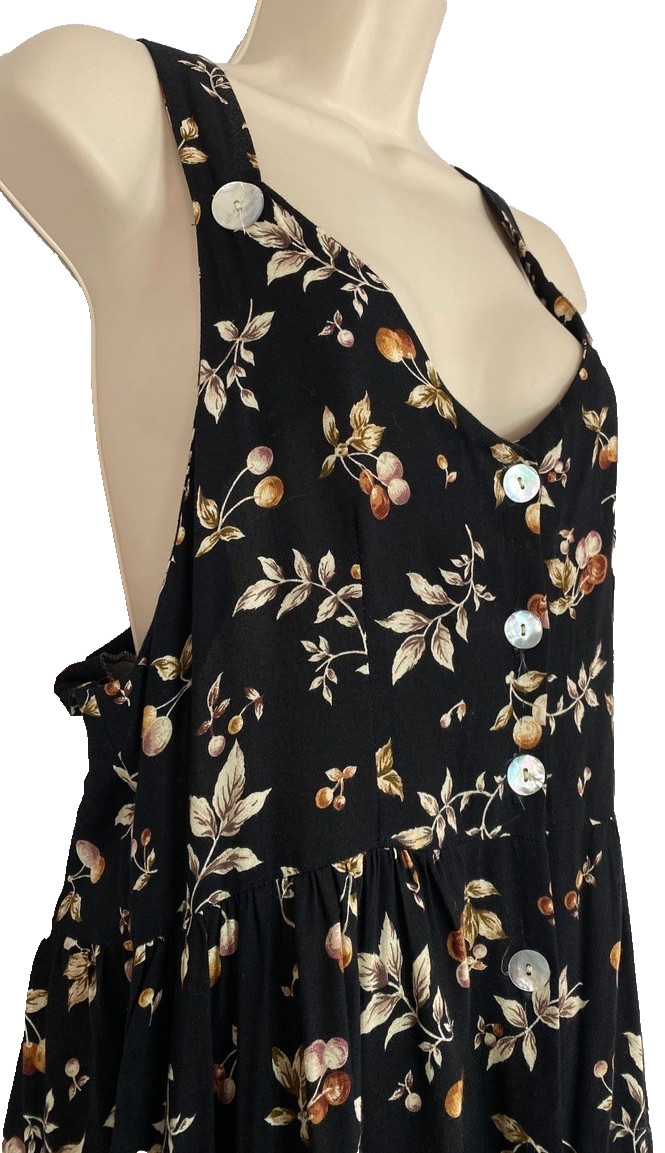 Vintage 1990s black cherry maxi dress S M jumper sleeveless rayon novelty print