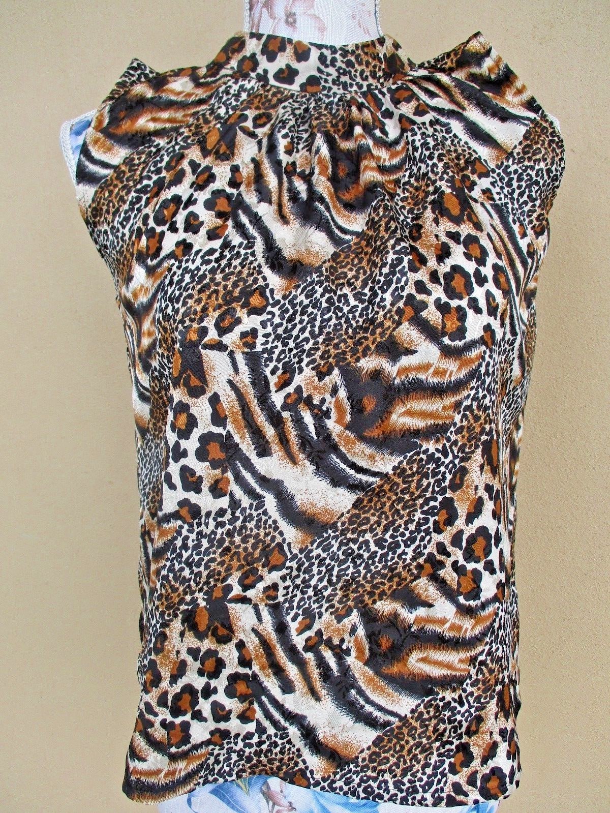 Vtg Leopard Animal Print Tank Pleated Keyhole Open Back Size~ M