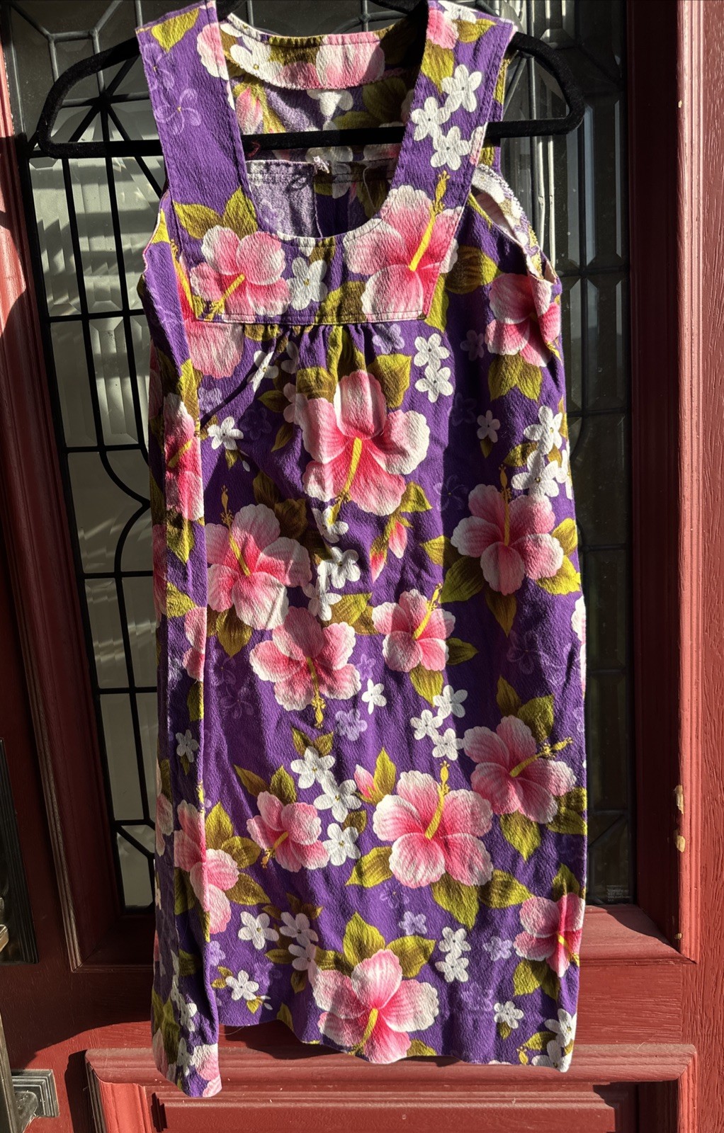 Handmade Med Barkcloth Hawaiian Dress Tiki Hibiscus Tropical Pink Purple