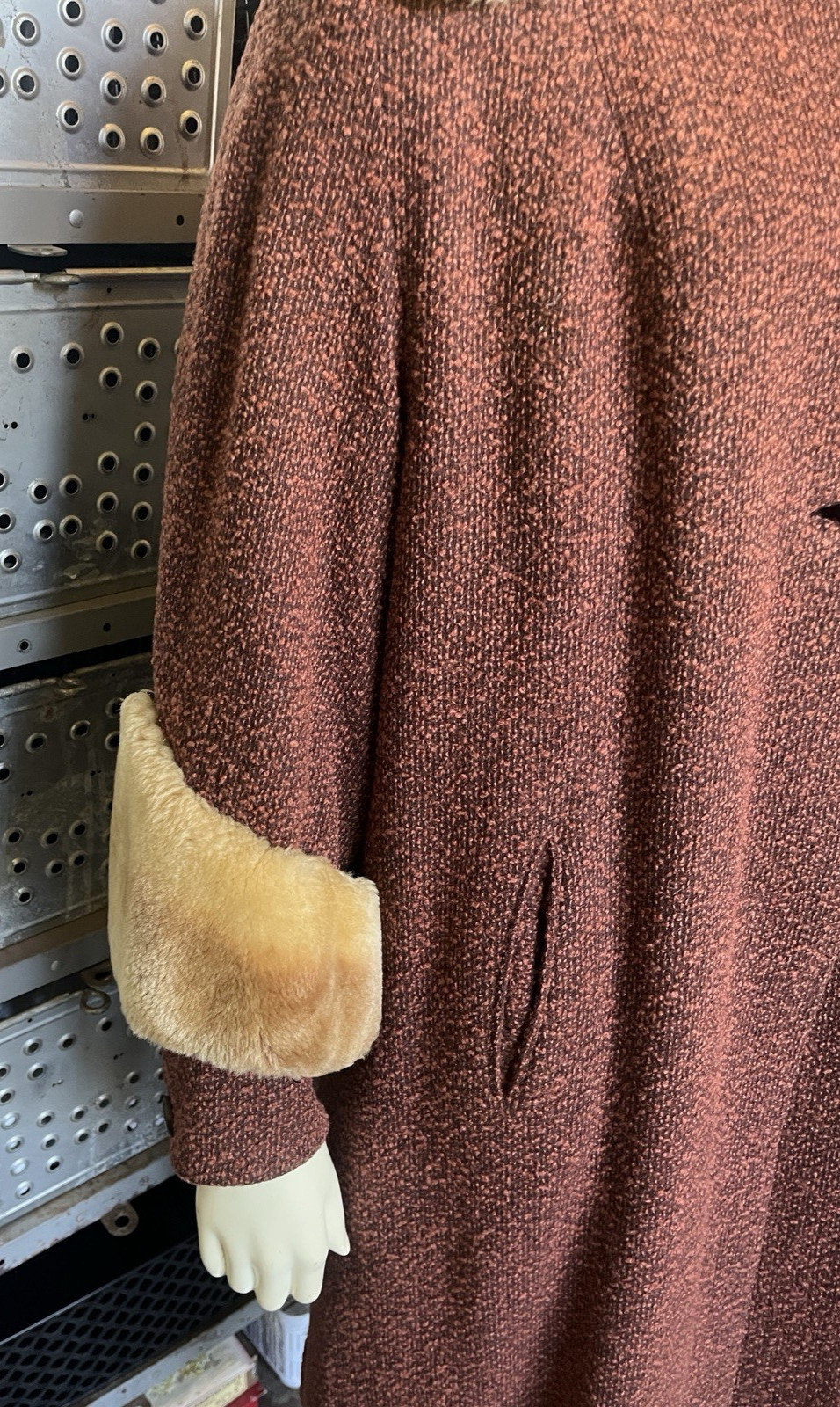 Womens Vintage 1960s Swing / MCM Shearling / Brown Wool Tweed Coat Sz M/L