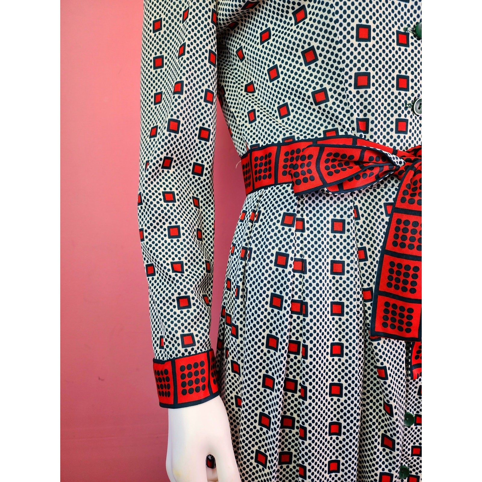 Vintage 1970’s Green and Red Checkered Dot Patterned Pleated Shirt Dress