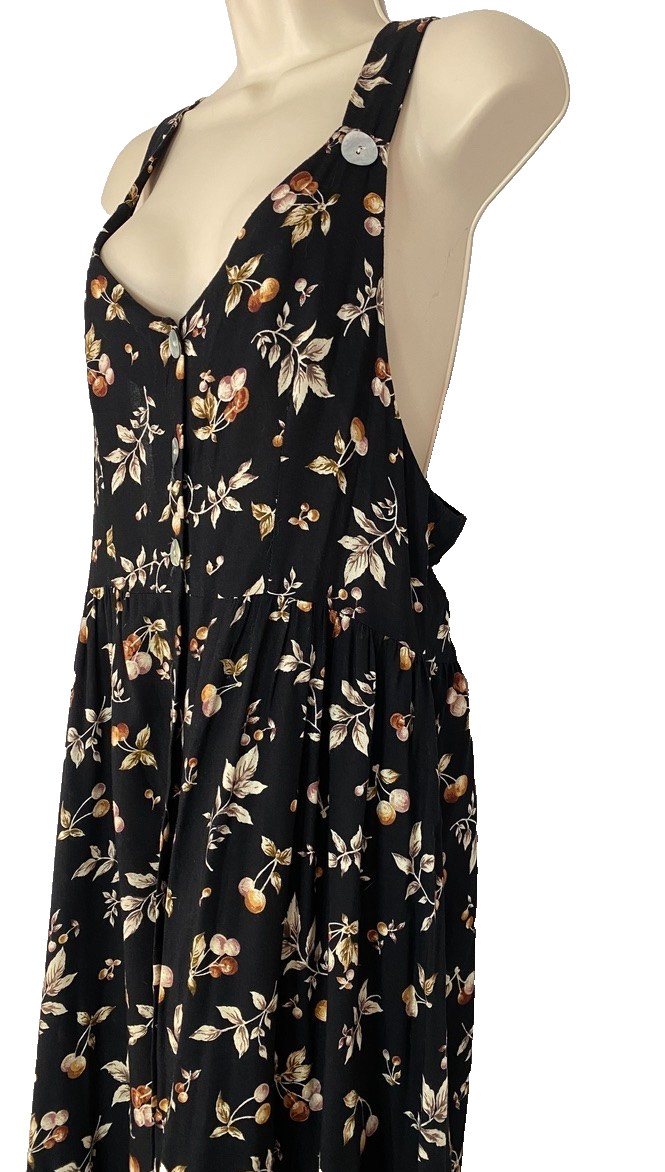 Vintage 1990s black cherry maxi dress S M jumper sleeveless rayon novelty print