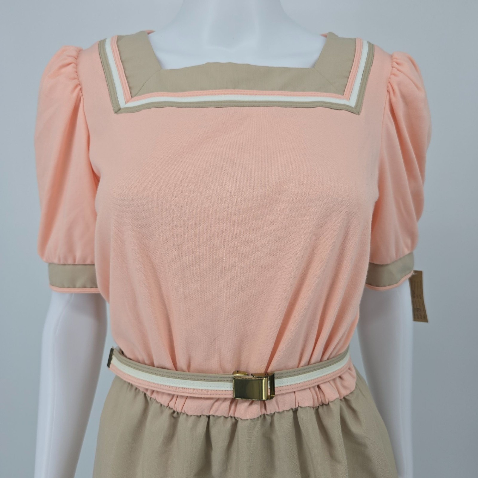 Vintage 1980s Peach/Tan Color Block Sailor Collar Puff Sleeve Day Dress (8/M)