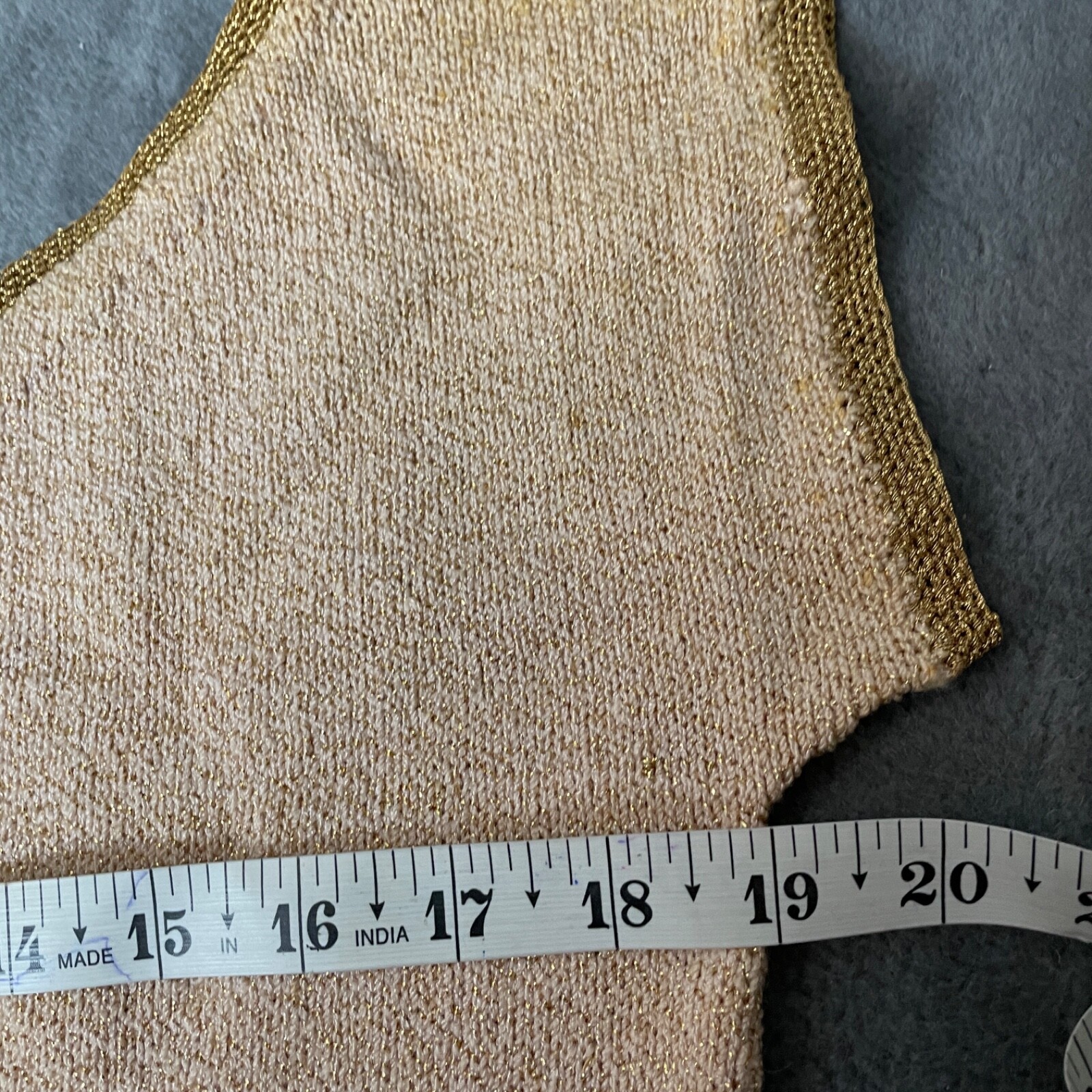 Vintage Knitted Top Womens Sweater S/M Beige Gold Metallic Trim Vneck Glam VTG
