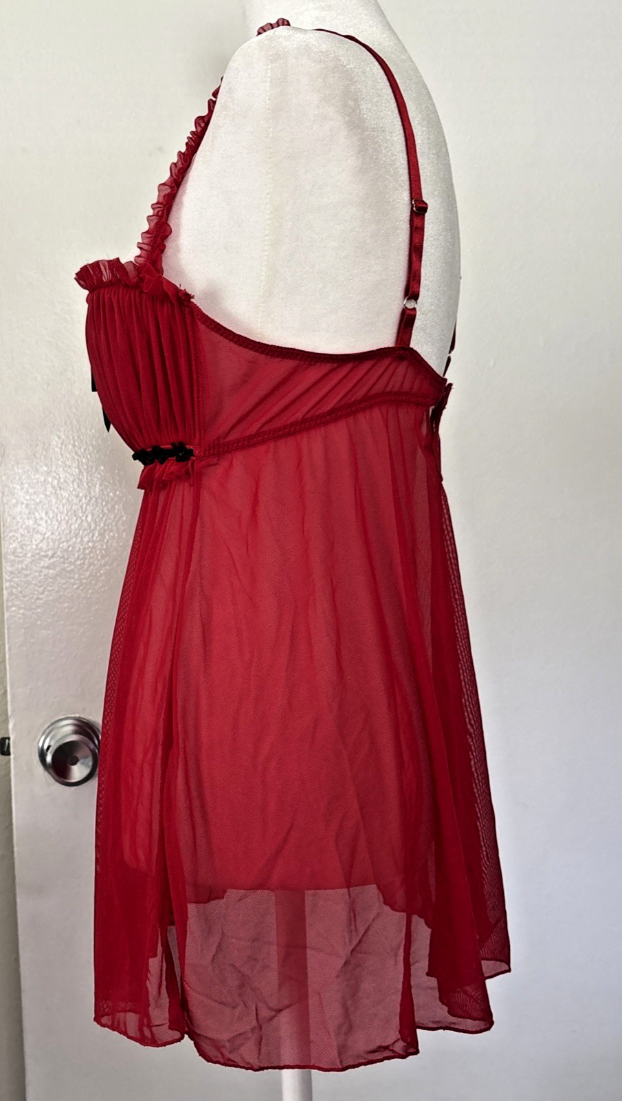 Vtg Fredericks of Hollywood L BabyDoll Slip Sheer Red Lace Coquette Burlesque